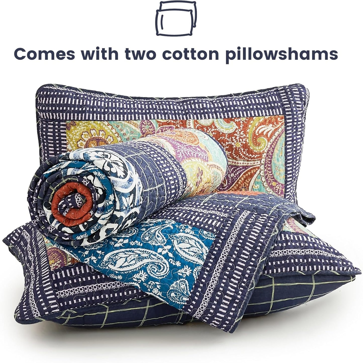 Secgo King Size Comforter Set- 100% Cotton Quilt King Size Set, Black bedspreads (96 * 108 Inch) with 2 Pillow Shams, Patchwork Reversible Lightweight Bedding