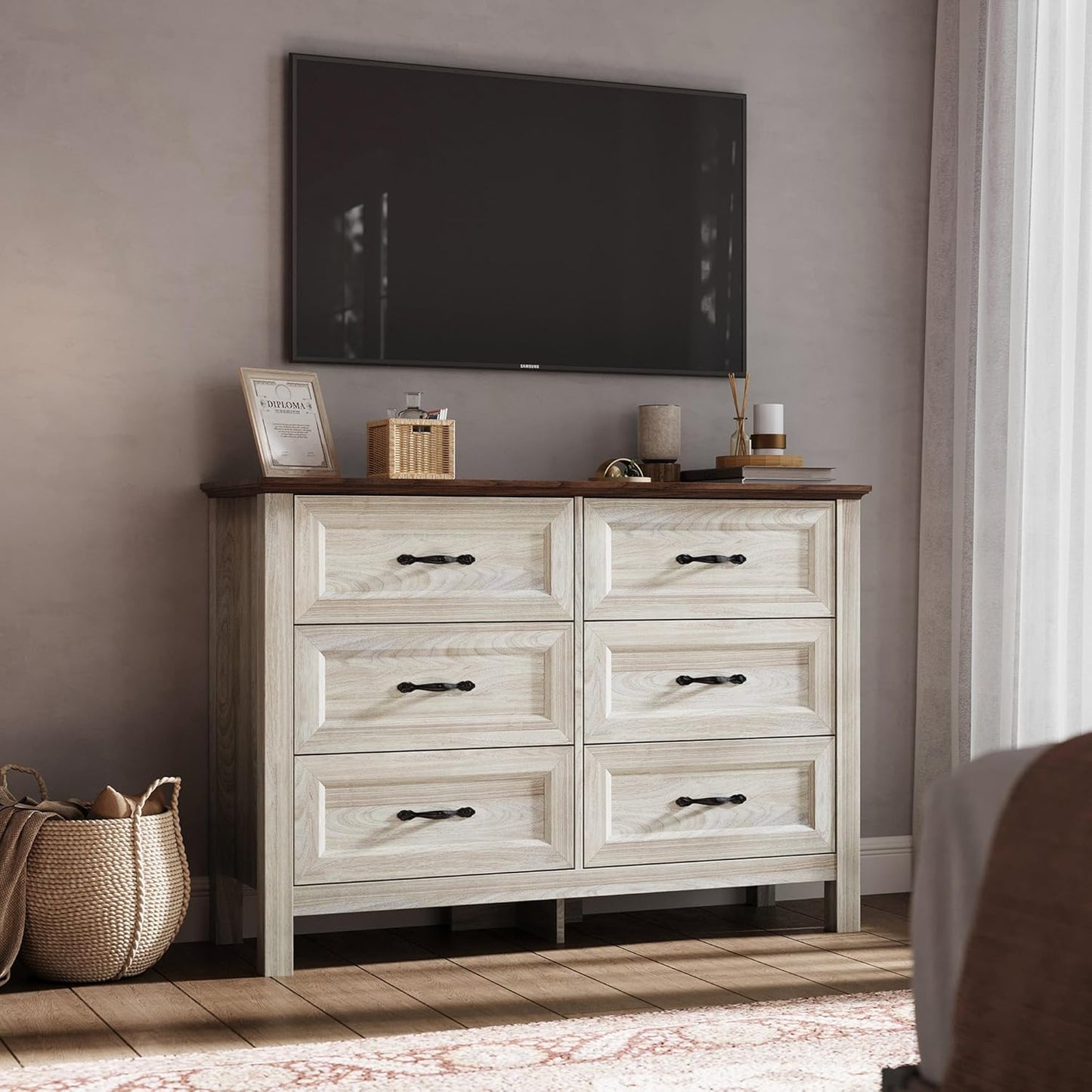 LINSY HOME Farmhouse 6 Drawers Dresser, White Wood Dresser for Bedroom Wide Chest of Drawers, French Country Storage Double Dressers Organizer for Bedroom, Living Room