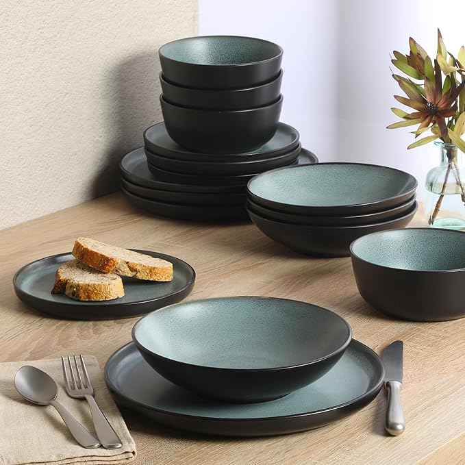 Gibson Elite Tribeca Loft 16-Piece Dinnerware Set – Matte Black and Green Reactive Glaze Stoneware, Double Bowl Round Plates and Bowls – Modern Rustic Tableware for 4, Dishwasher & Microwave Safe