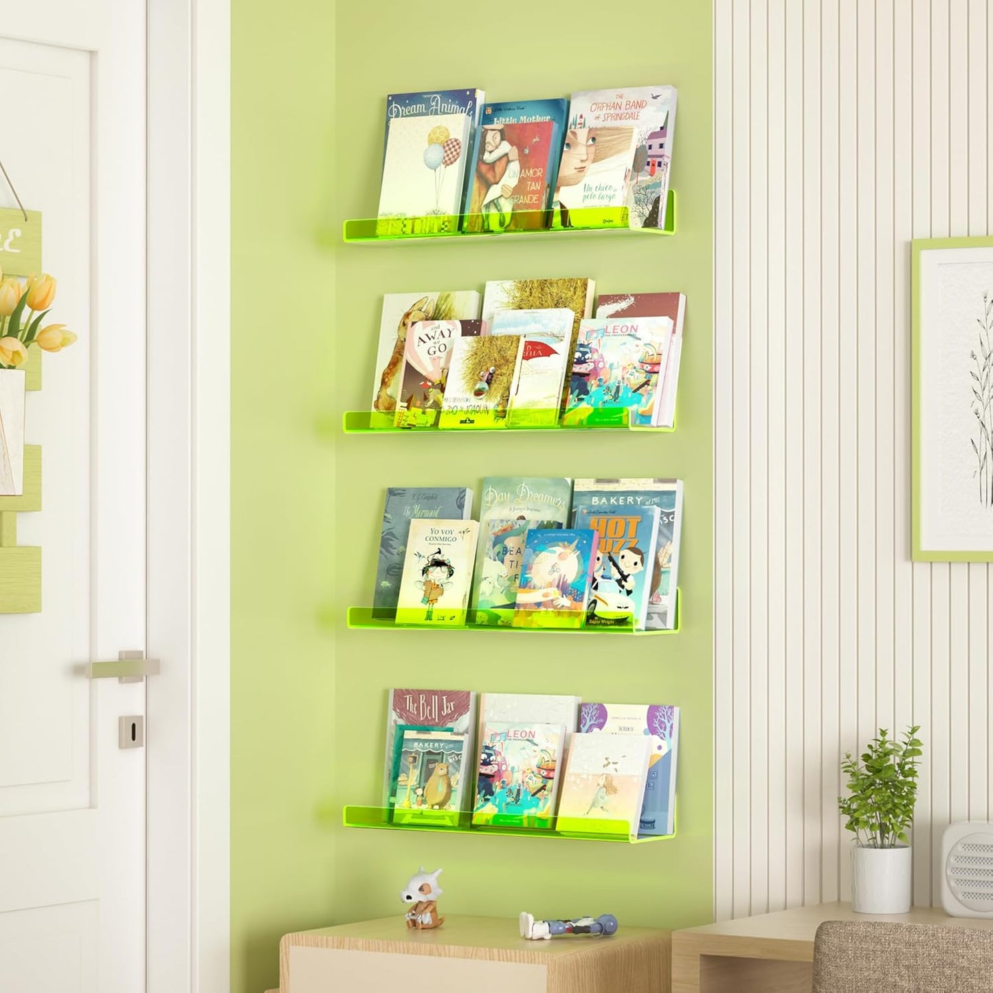 upsimples Acrylic Shelves for Wall Decor, 15" Display Shelf for Figure, Nail Polish, Wall Organizer for Bathroom, Bedroom, Living Room, Playroom, Kids Bookshelf, Clear Fluorescent Green, 4 Pack