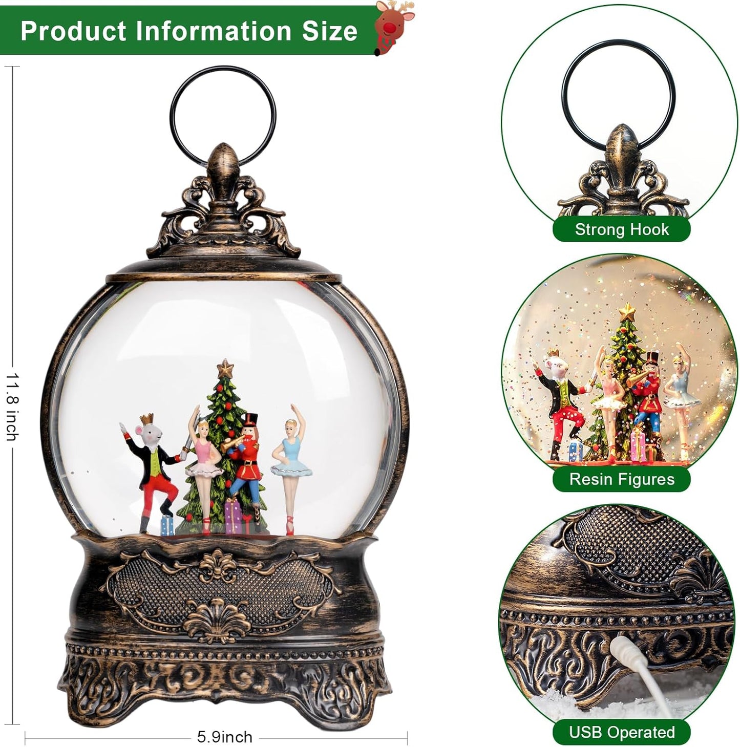 Nutcracker Christmas Snow Globe Lantern Indoor Decor Walnut Soldier with Music,6H Timer,USB Lined/Battery Operated Lighted Lantern for Christmas Festival Decoration Giftsts