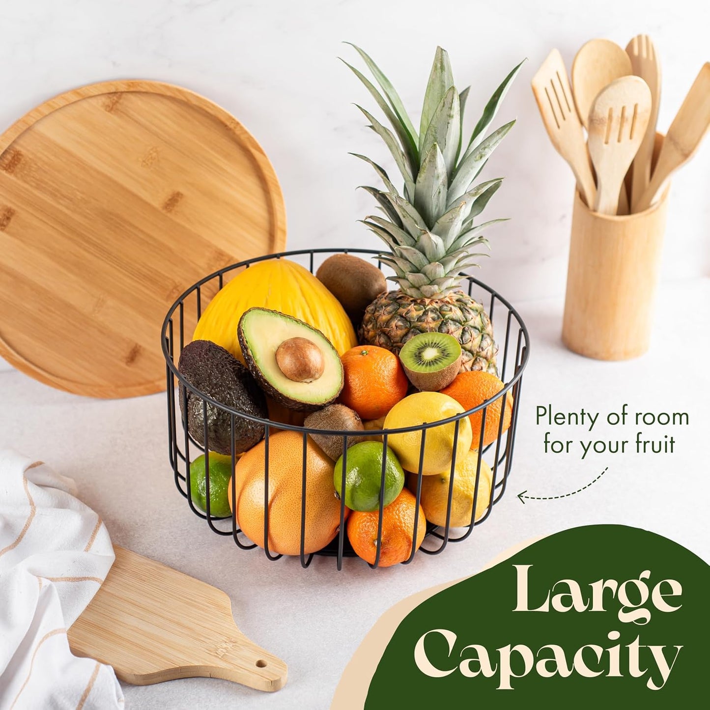 Fruit Basket for Kitchen Counter Set of 3 - Large Stackable Baskets with Bamboo Lid - Perfect Holder For Fruit and Vegetable Storage - Keep Your Countertop Classy, Tidy and Slightly Fruity!