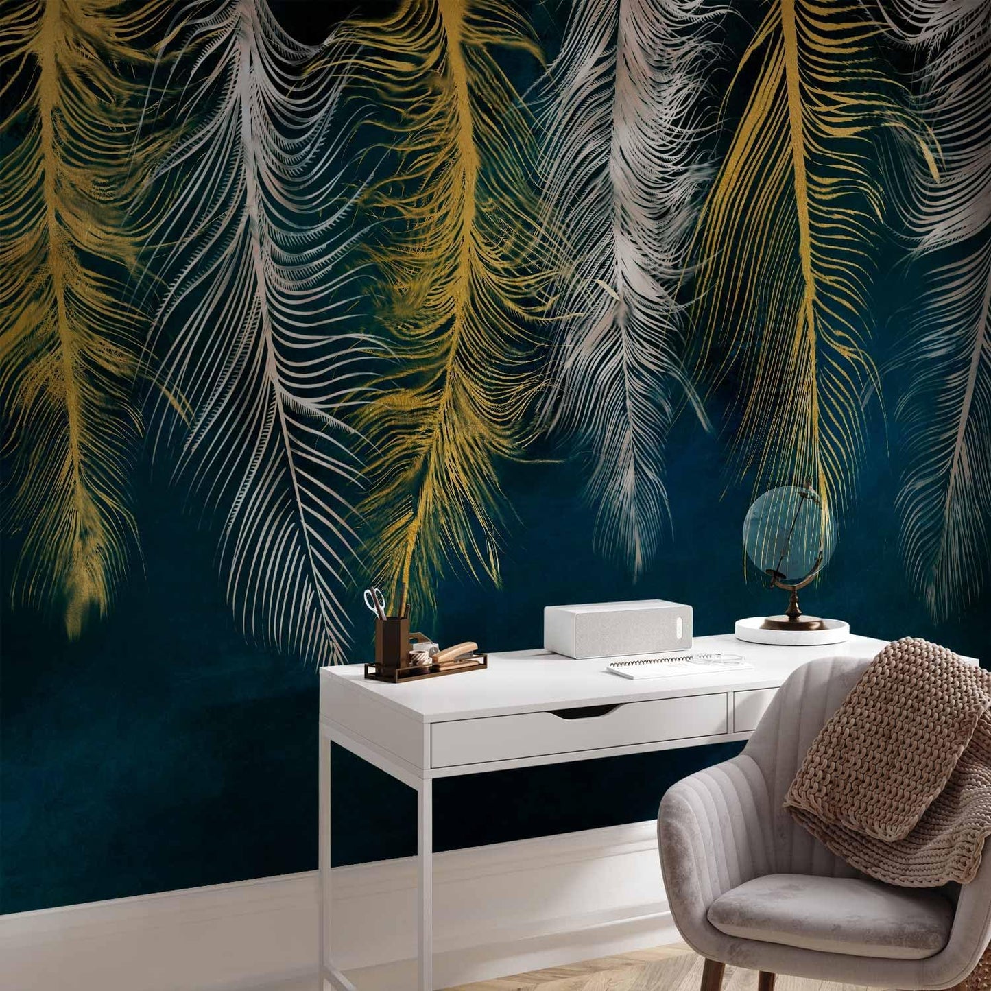 artgeist Wall Mural Feather 96x69 in - XXL Peel and Stick Self-Adhesive Wallpaper Removable Large Sticker Foil Wall Decor Print Picture Image Design Abstract Beige Navy Blue b-A-0812-a-a