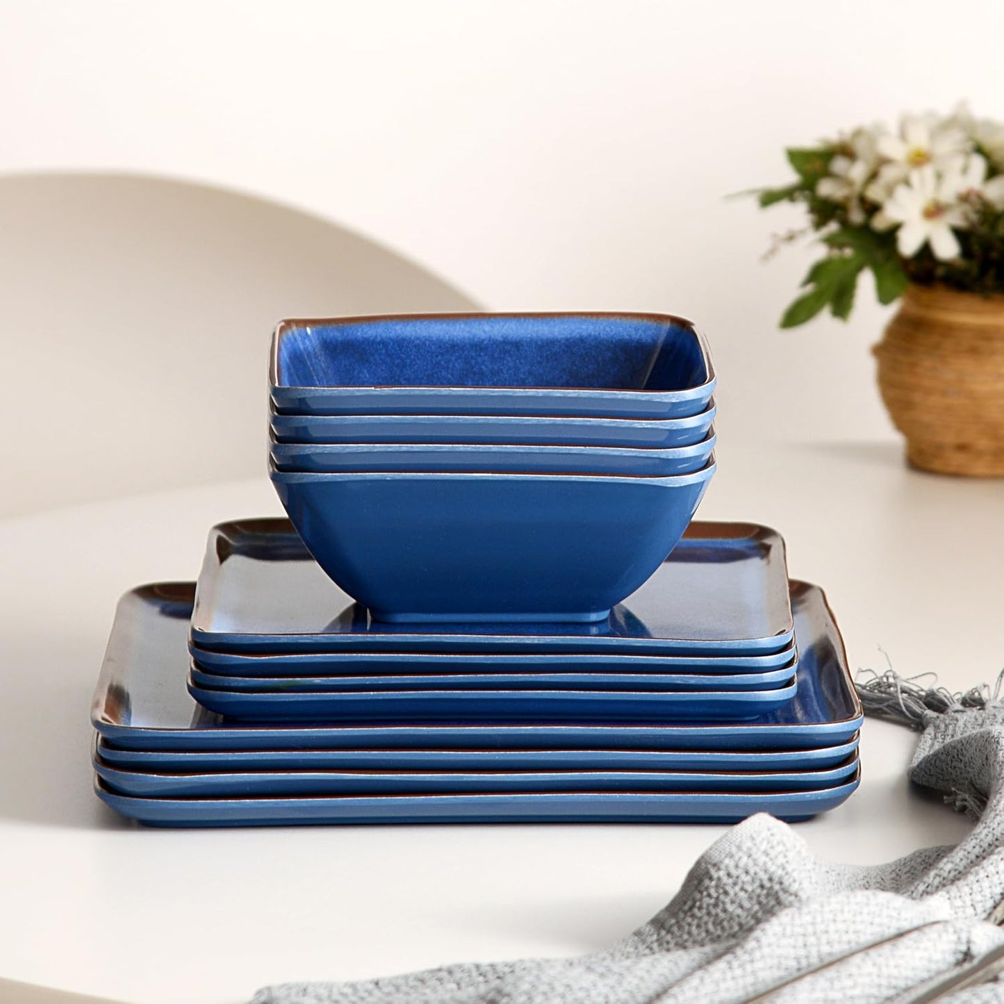 Melamine Dinnerware Sets, 12 Pcs Square Plates and Bowls Sets of 4, Unbreakable Dishes Set for Outdoor Use, Lightweight Dishware Set for Camping,Patio and RV, Dishwasher Safe, Navy Blue