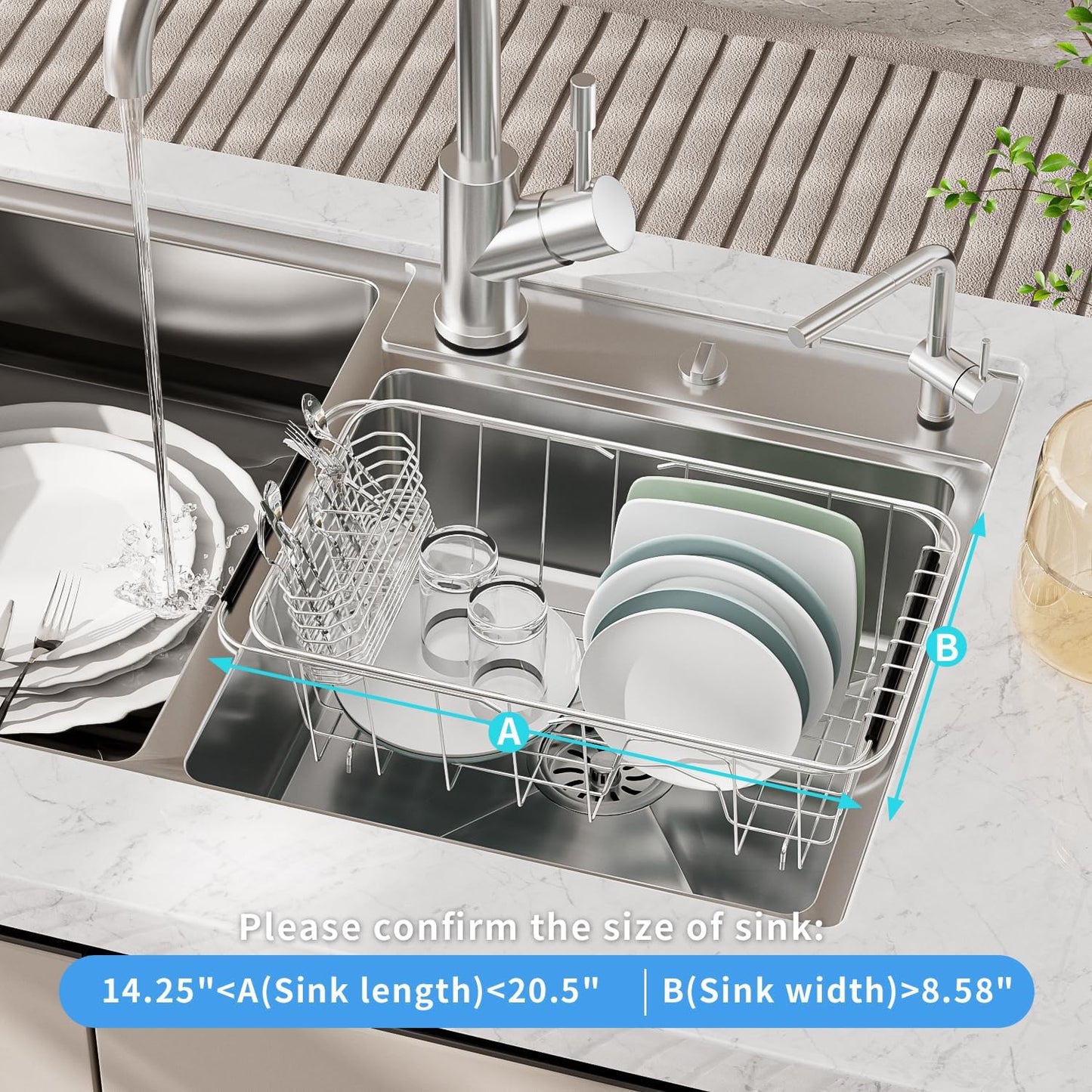 JAQ Over Sink Dish Drying Rack for Small Sink, Compact Expandable 14.25"–22.44", Adjustable 304 Stainless Steel Dish Drainer with Utensil Holder, Space Saving for Small Kitchen