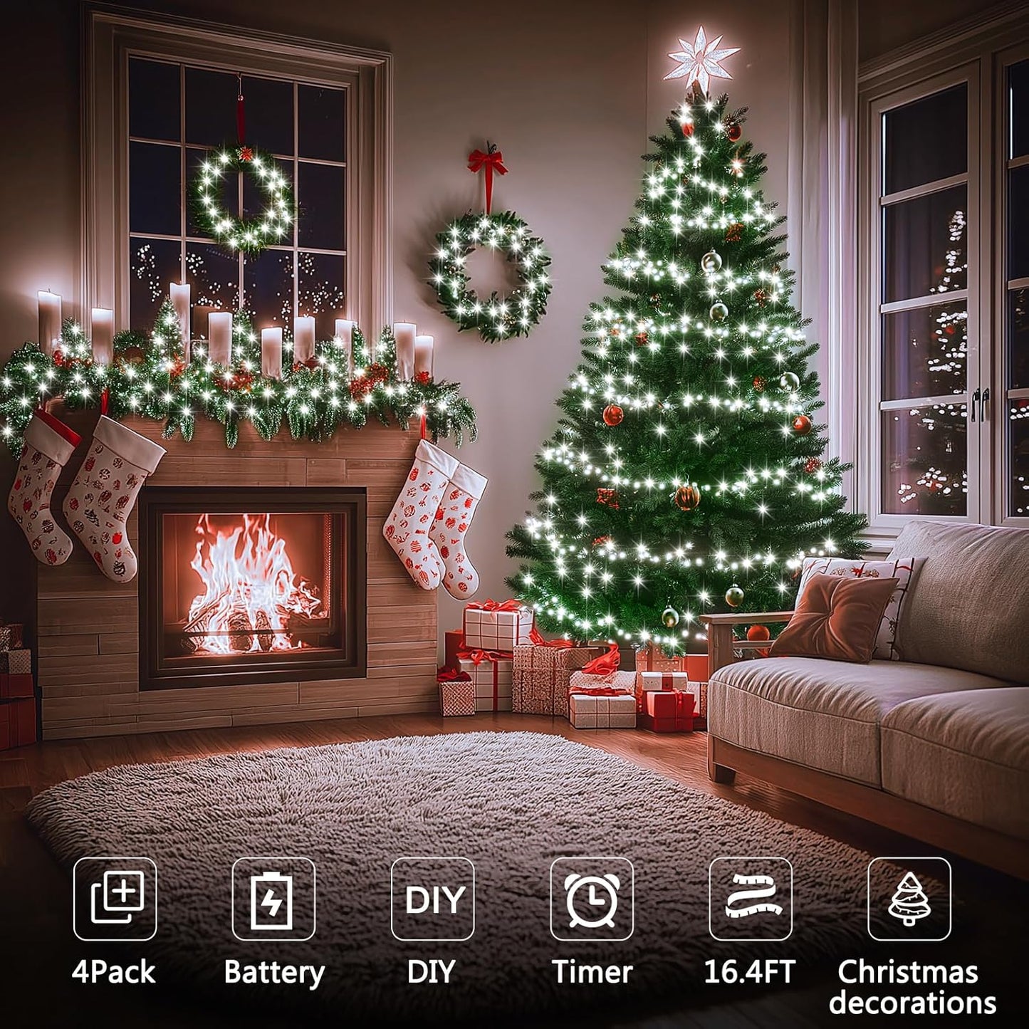 4 Pack Christmas Fairy Lights Battery Operated, 16.4FT 50 LED Dark Green Wire Twinkle Lights with Auto Timer Waterproof, Outdoor String Lights for Indoor Outdoor Bedroom Yard Decor (Cool White)