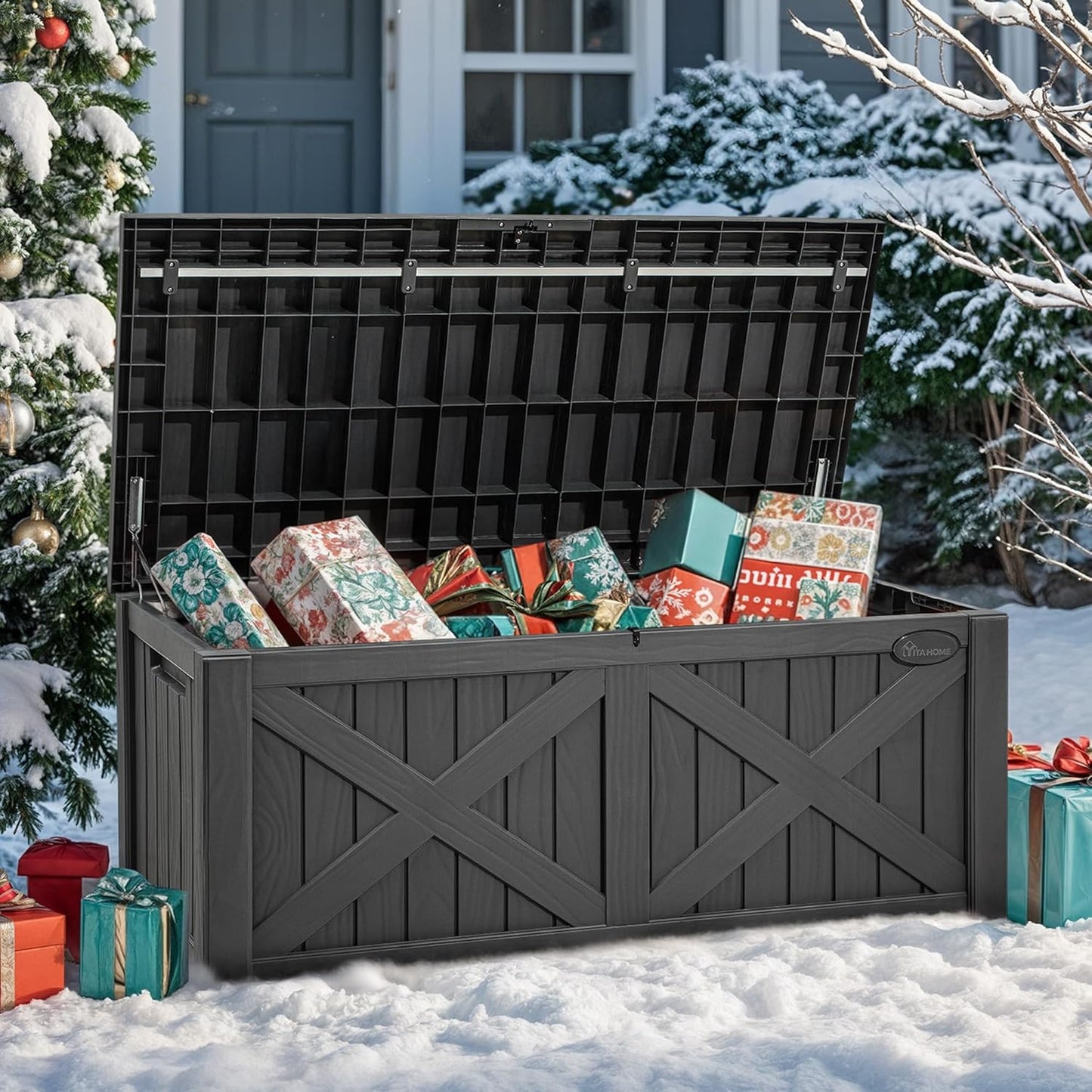 YITAHOME 120 Gallon Large Outdoor Storage Box with X-Shaped Front, Waterproof Resin Deck Box Cushion Storage Bench for Patio, Pool Supplies, Garden Tools - Lockable, Dark Gray