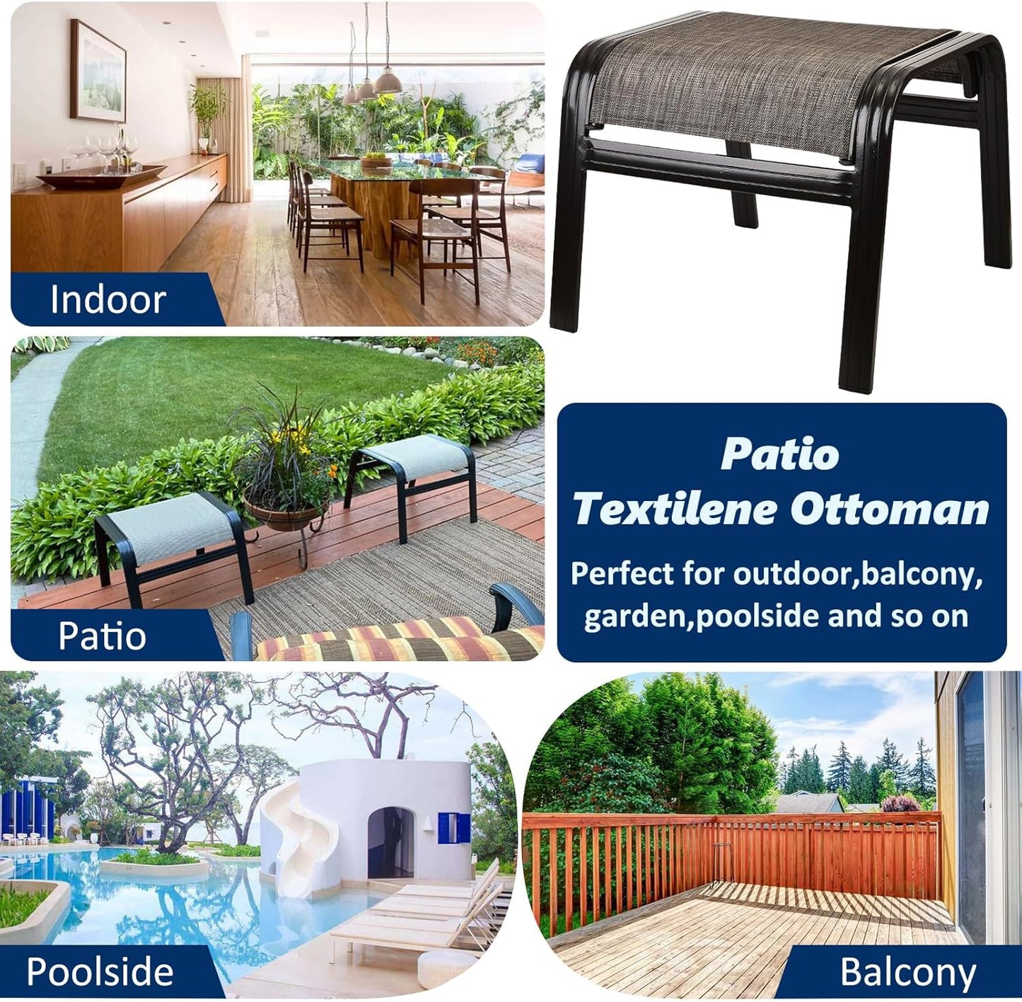 Outdoor Patio Ottoman Seat Textilene Portable Metal Footstool Portable Footrest Patio Chairs 2 Set New Brown