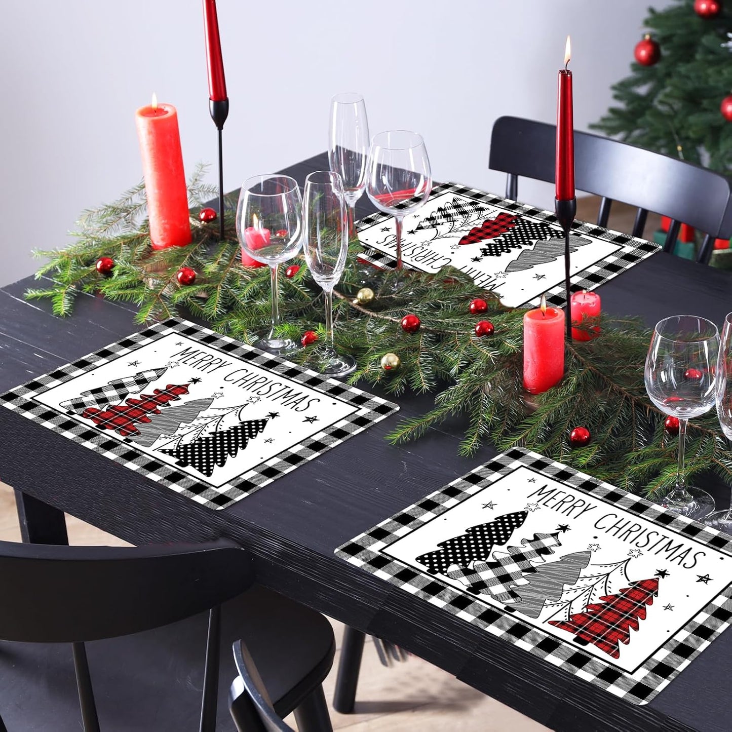 Christmas Placemats Set of 6 Christmas Tree Plastic Table Mats Xmas Trees Black and White Buffalo Plaid Place Mats Winter Holiday Table Decoration for Indoor Outdoor Party Kitchen Dining