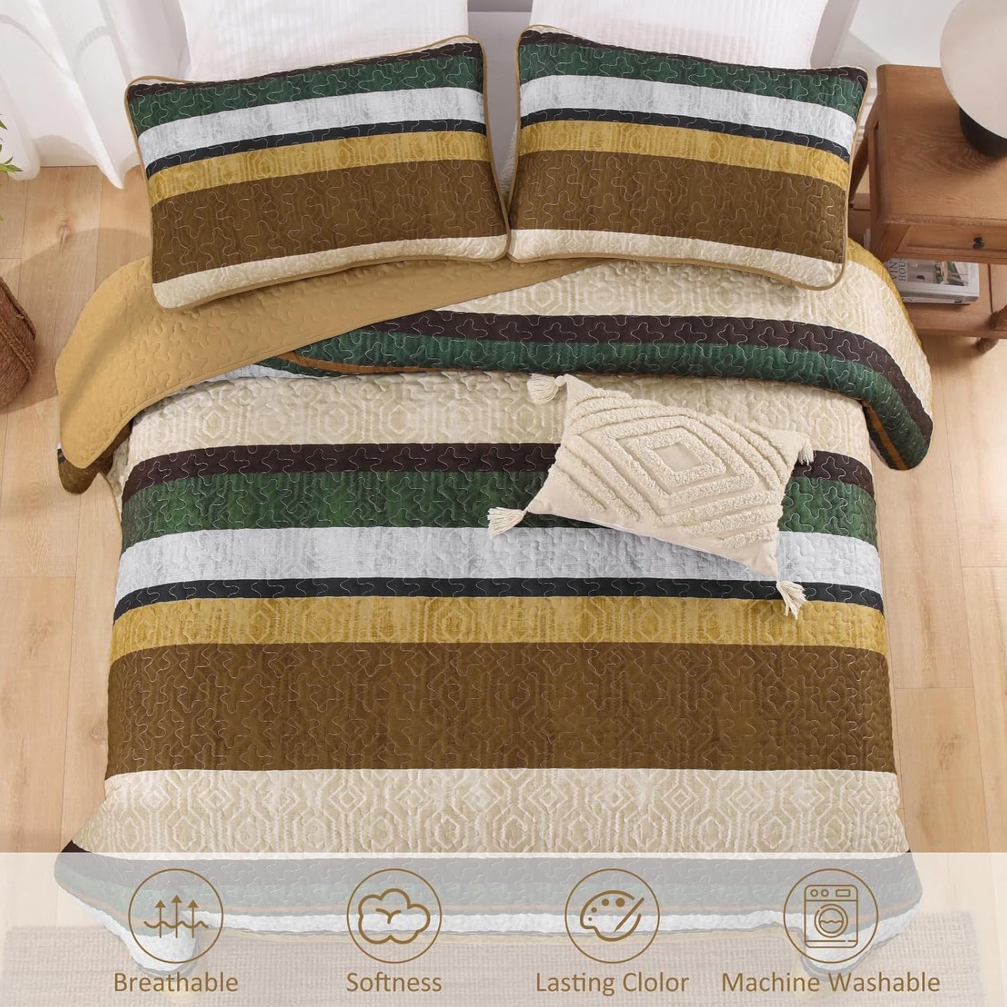 Dobuyly Brown Quilt King Size Set, Boho Fall Bedspread, Striped Bedding Sets 3 Pieces, Lightweight Soft Coverlet Bed Sets with 2 Pillow Shams 110"x90"