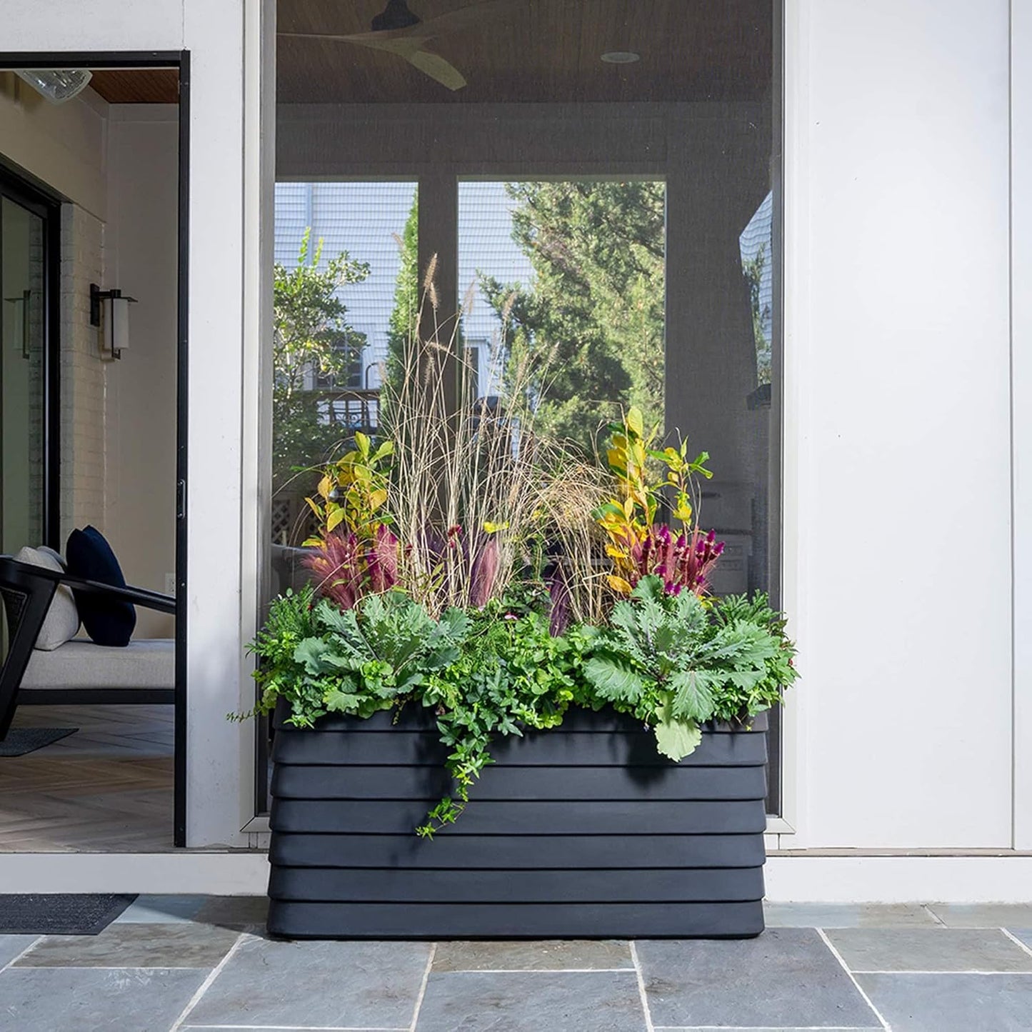 Crescent Garden Slat Medium Rectangular Planter Box for All-Weather - Self-Watering Outdoor Deck Box Planter for Flowers and Herbs (Caviar Black, 36'' x 17'' x 17''H)
