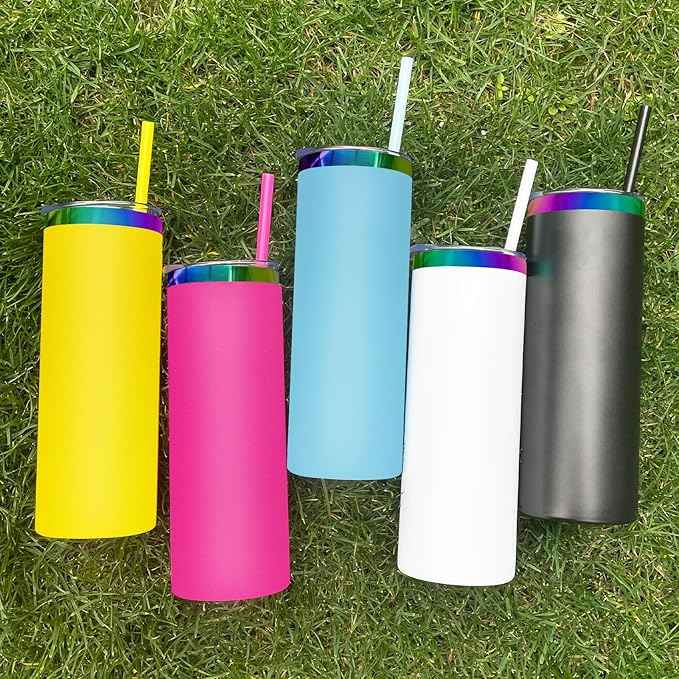 20 oz Skinny Tumblers Stainless Steel Tumbler with Lid and Straw Double Wall Vacuum Insulated Coffee Mug 20oz Powder Coated Cup for Hot and Cold Drinks(Rosy,8 pack)