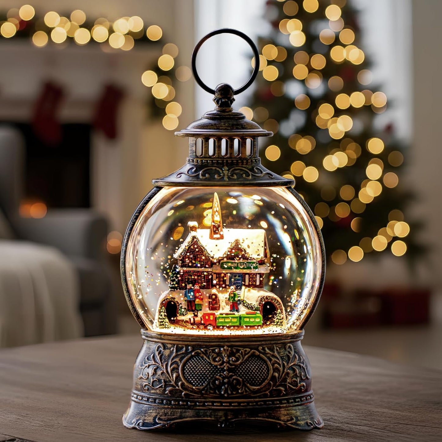 Christmas Snow Globes Christmas Water Lantern with Station Train, Music & 6H Timer, USB Lined/Battery Operated Lighted Lanterns for Xmas Festival Decoration Gifts