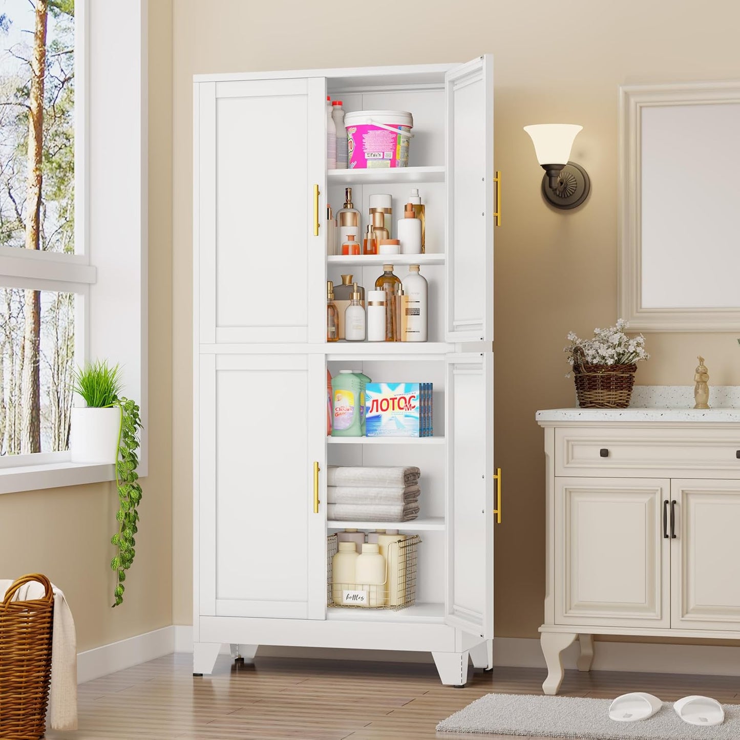 75.2" Tall Metal Pantry Cabinet, Kitchen Pantry Storage Cabinets with 4 Door and 4 Adjustable Shelves, White Storage Cabinet, Freestanding Cupboard for Kitchen Dining Room Living Room Bathroom - Lumora Casa
