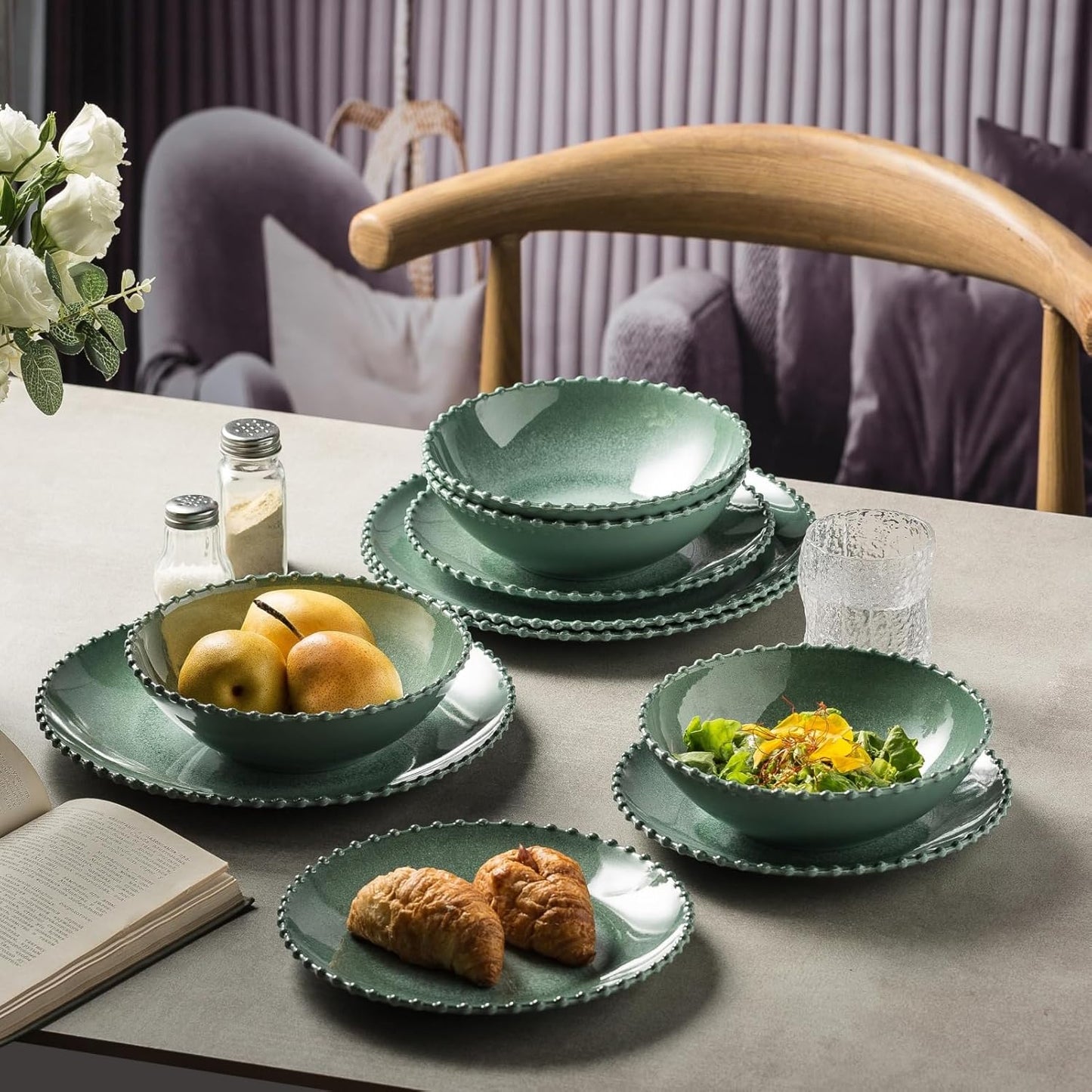 MissYIP 12 Piece Melamine Dinnerware Sets, Service for 4, Lightweight Unbreakable, BPA Free, Food Grade Plates Sets, Dishwasher Top Safe, Not Microwave, Not Oven, Indoor and Outdoor Use