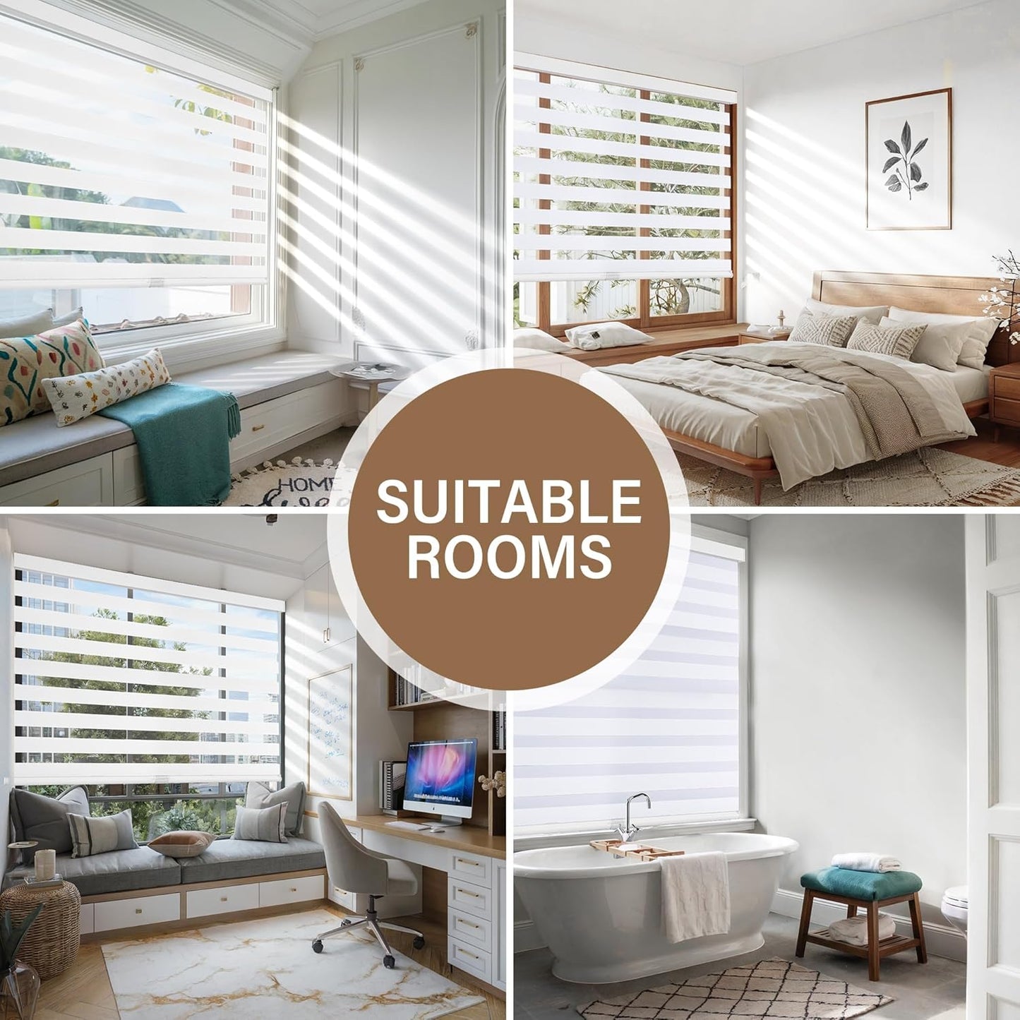 AOSKY Cordless Zebra Blinds for Windows Pull Down Roller Window Shades Dual Layer Light Filtering Privacy for Day and Night, Free-Stop Door Shades for Home Easy to Install (57" W X 72" H, White)