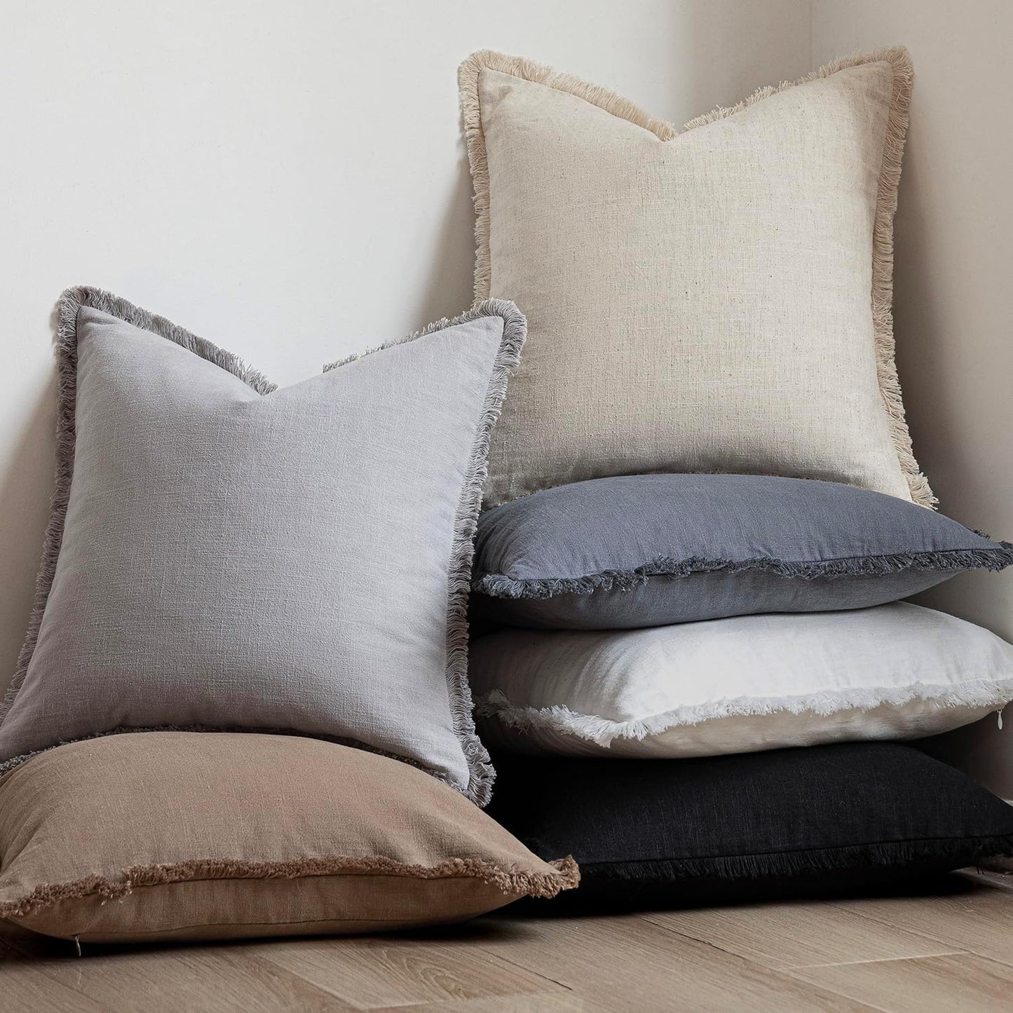 Foindtower Set of 2 Decorative Linen Fringe Throw Pillow Covers Cozy Farmhouse Cushion Cover with Tassels Accent Pillowcase for Couch Chair Sofa Bed Living Room Home Decor,18×18 Inch,Light Rustic Gray