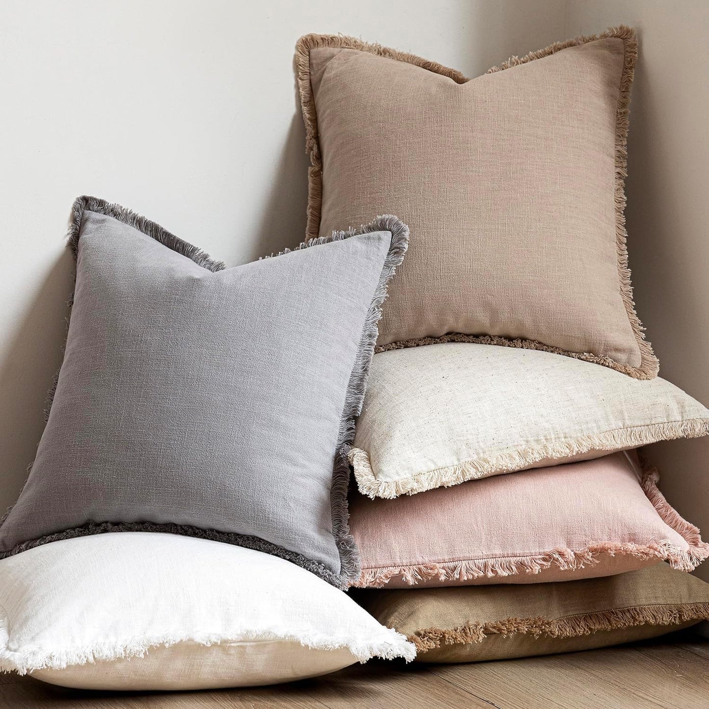 Foindtower Set of 2 Decorative Linen Fringe Throw Pillow Covers Boho Farmhouse Cushion Cover with Tassels Accent Pillowcase for Couch Chair Sofa Bed Living Room Home Decor,22×22 Inch,Tan Beige