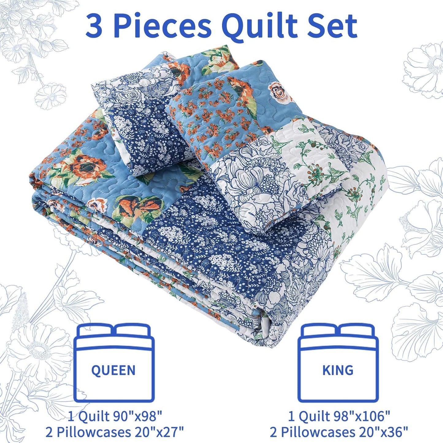 VAPUTAR Queen Size Quilt Set - Reversible Floral Queen Size Bedspreads with Wavy Edges - Lightweight Farmhouse Queen Quilt Bedding Sets for Bed Decorations, 3 Pieces
