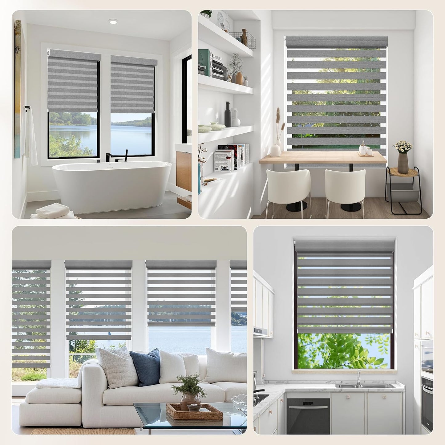 Grandekor No Drill Cordless Zebra Blinds, Dual Layer Light Filtering Day & Night Roller Shades, Inside Mount Free-Stop Privacy Window Shades for Home, Easy Install(35" W x 64" H, Grey)
