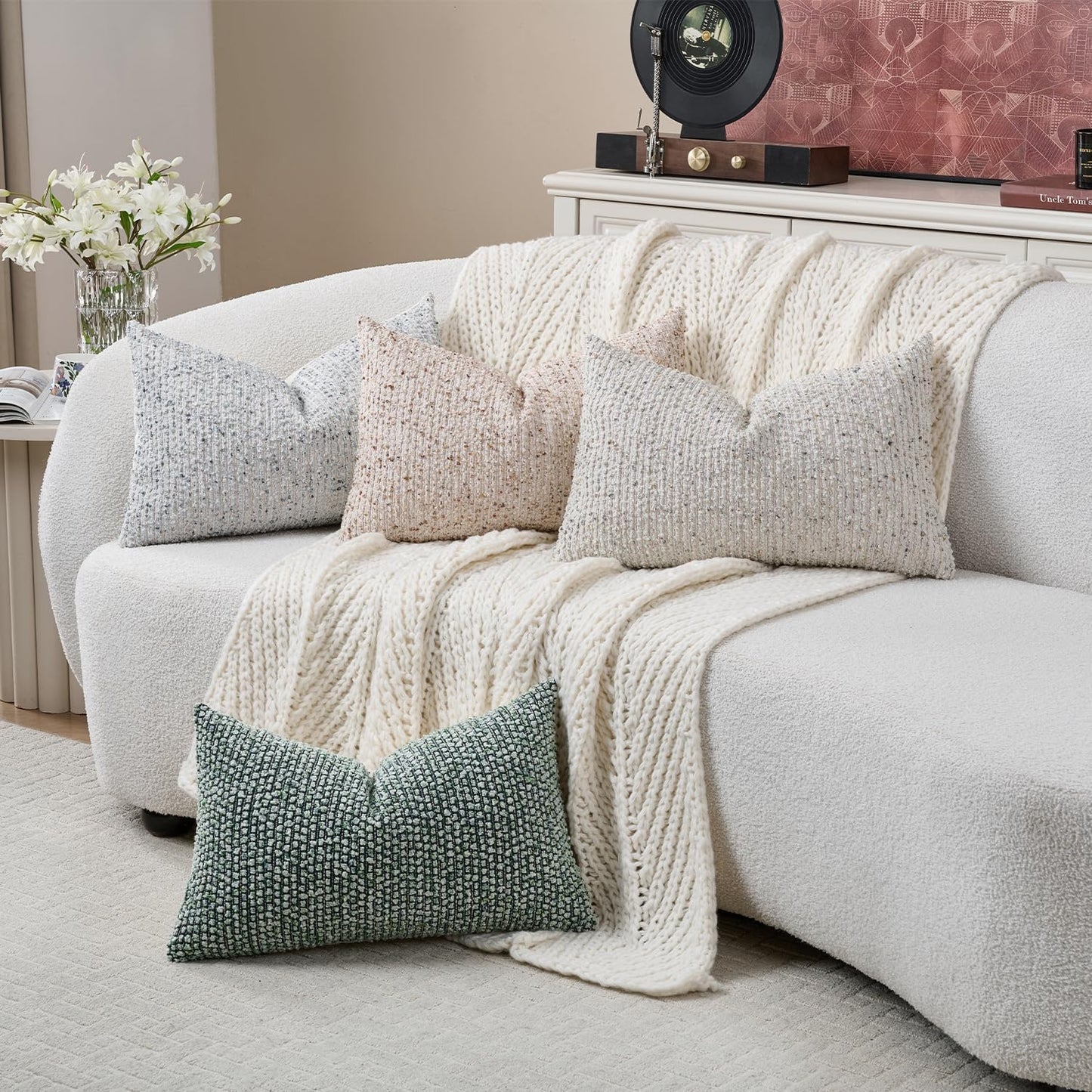 Striped Throw Pillow Covers 12x20 Set of 2 Beige Textured Boucle Chic Morden Boho Accent Farmhouse Rectangular Lumbar Decorative Couch Pillow Covers for Home Decor Bed Sofa Living Room