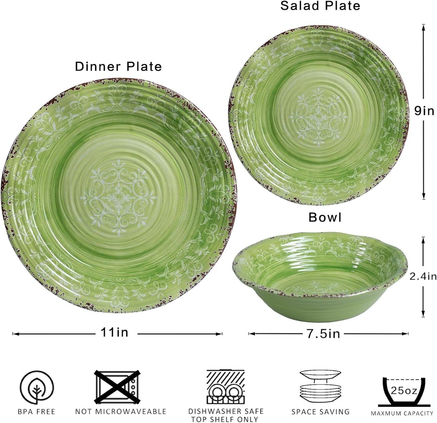 LEHAHA Unbreakable Melamine Dishes Dinnerware Sets, 12 Piece Luxury Thick but Lightweight Farmhouse Plates and Bowls Set for Spring Summer Picnic, RV, Camping & Everyday Use, Service for 4, Green