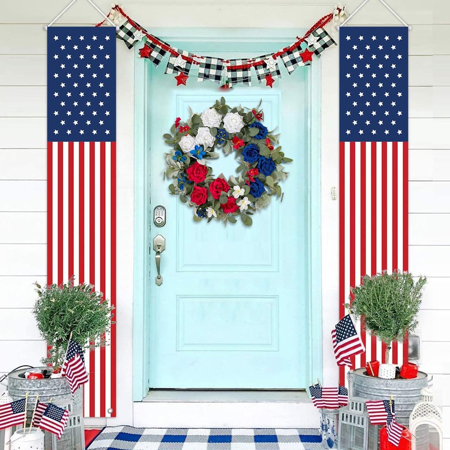 WANNA-CUL Patriotic Wreath Decorations, 24 Inch Rose 4th of July Wreaths for Front Door, Red White Blue Spring Door Wreath for Independence Day, Memorial Day for Indoor Outdoor Decor