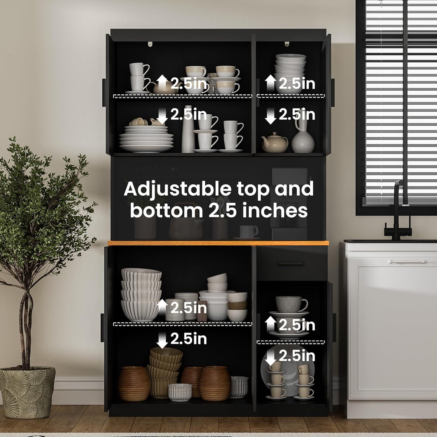 DIYART 71 Inch Black Pantry Cabinet with Power Outlet, Heavy-Duty Freestanding Kitchen Storage Organizer with Reinforced Frame, Pantry Hutch for Kitchen, Dining Room, Living Room
