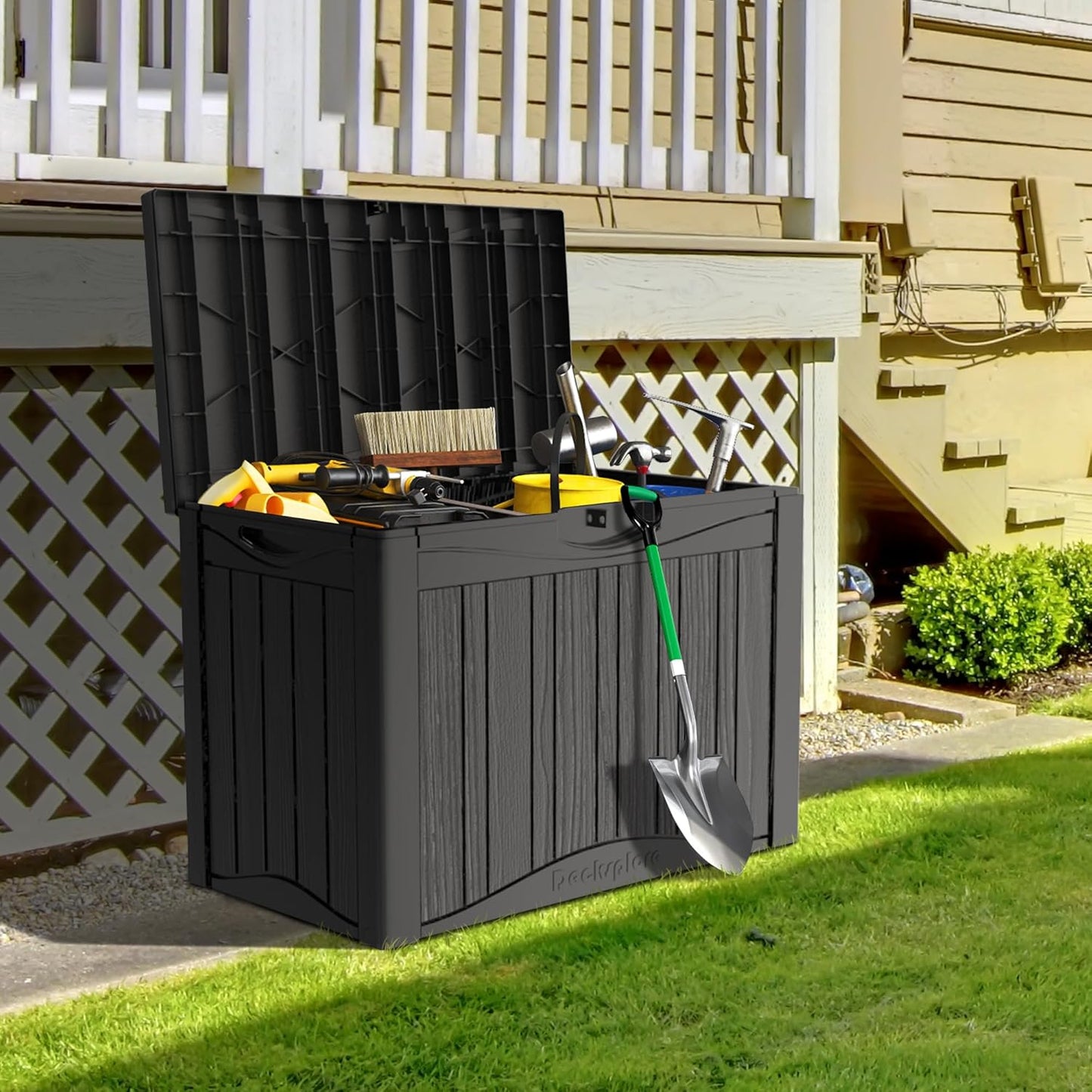 50 Gallon Lockable Resin Deck Box, Waterproof & UV-Resistant Outdoor Storage Box for Outdoor Cushion Storage, Garden Tools & Pool Accessories Storage, Black