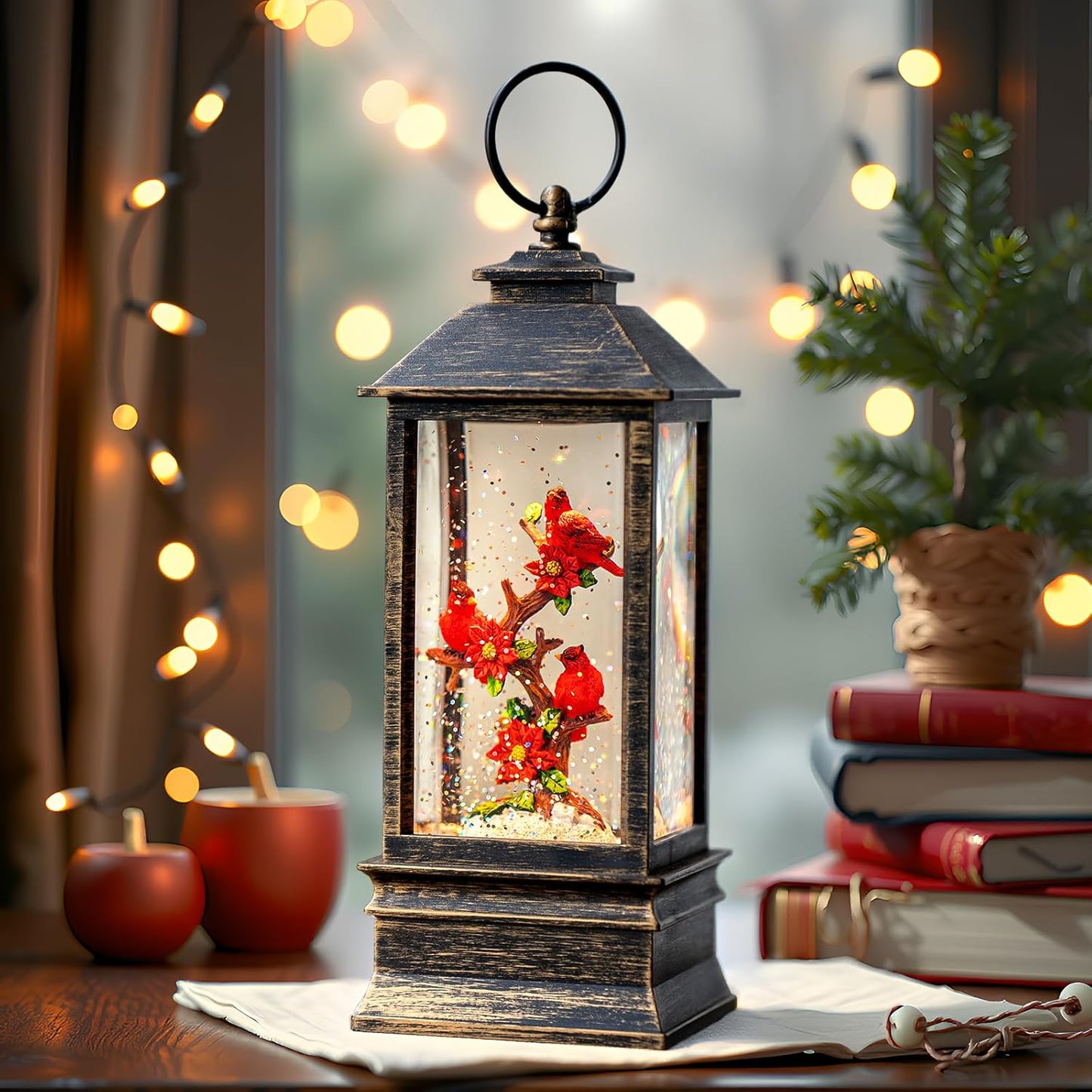 Christmas Snow Globe Lantern Indoor Decor Cardinal with Music,6H Timer,USB Lined/Battery Operated Lighted Lantern for Christmas Festival Decoration Giftsts