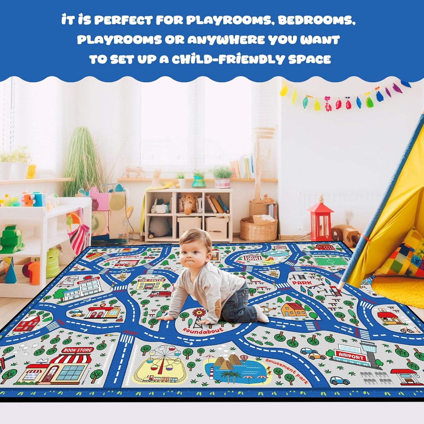 Kids Carpet Playmat Rug Player Car Rug,City Life Traffic Road Map Mat Educational Game Area Rug for Toddler Children Playroom Classroom Bedroom (Blue,6 x 9 ft)