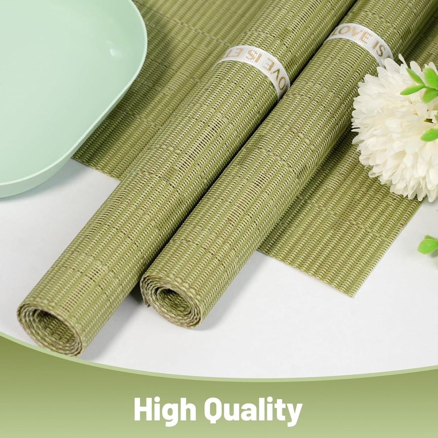 Placemats Set of 12,Non-Slip PVC Weave Table Mats Easy to Clean,Heat Resistant Place Mats for Kitchen Dining Table Decoration Indoor Outdoor,Pea Green