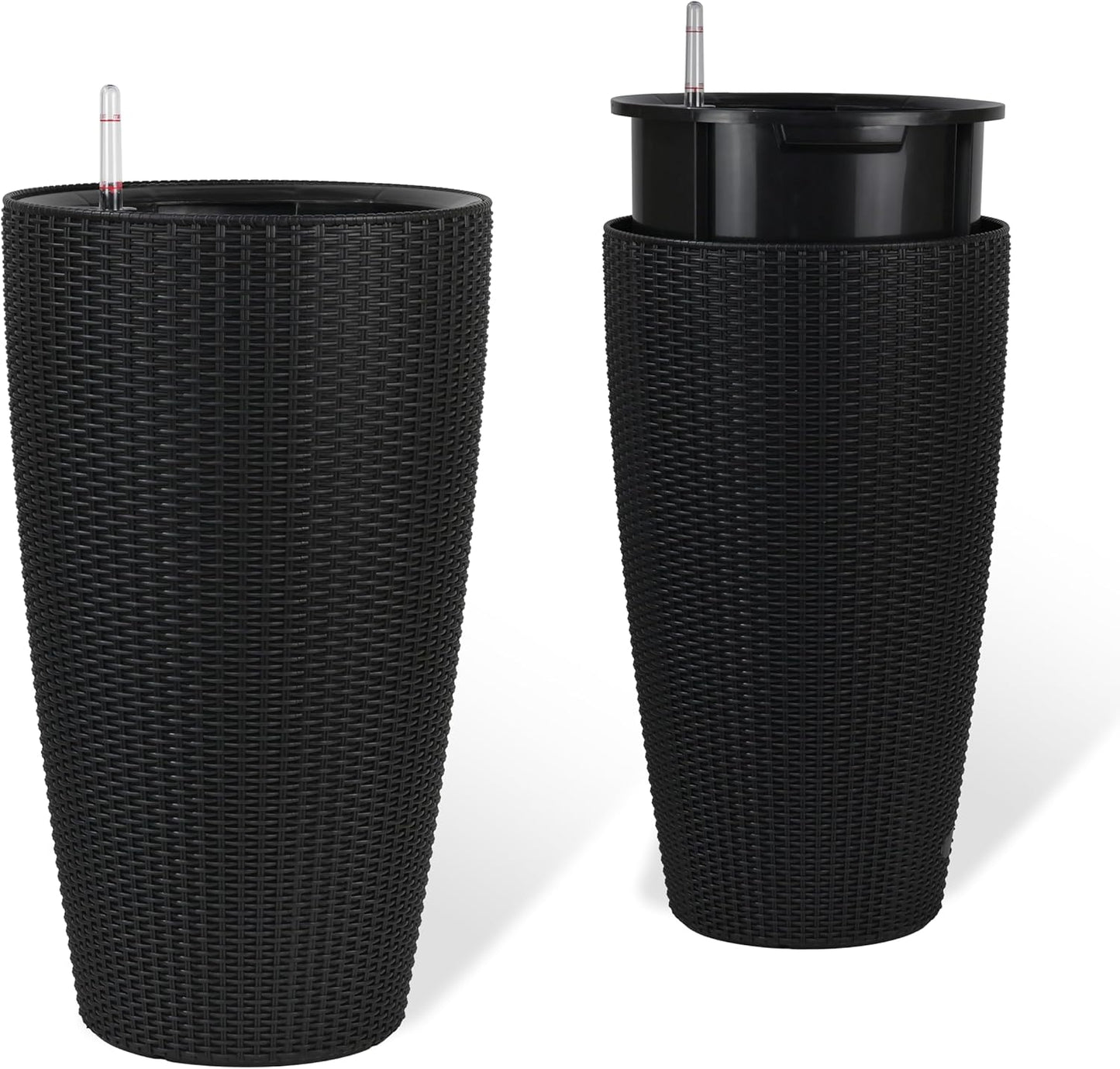 22" Tall Planter Set of 2, Large Self Watering Pots for Indoor/Outdoor Plants with Drain Holes, Water Level Monitor, Inner Bucket for Front Porch Patio, Black Rattan Conical