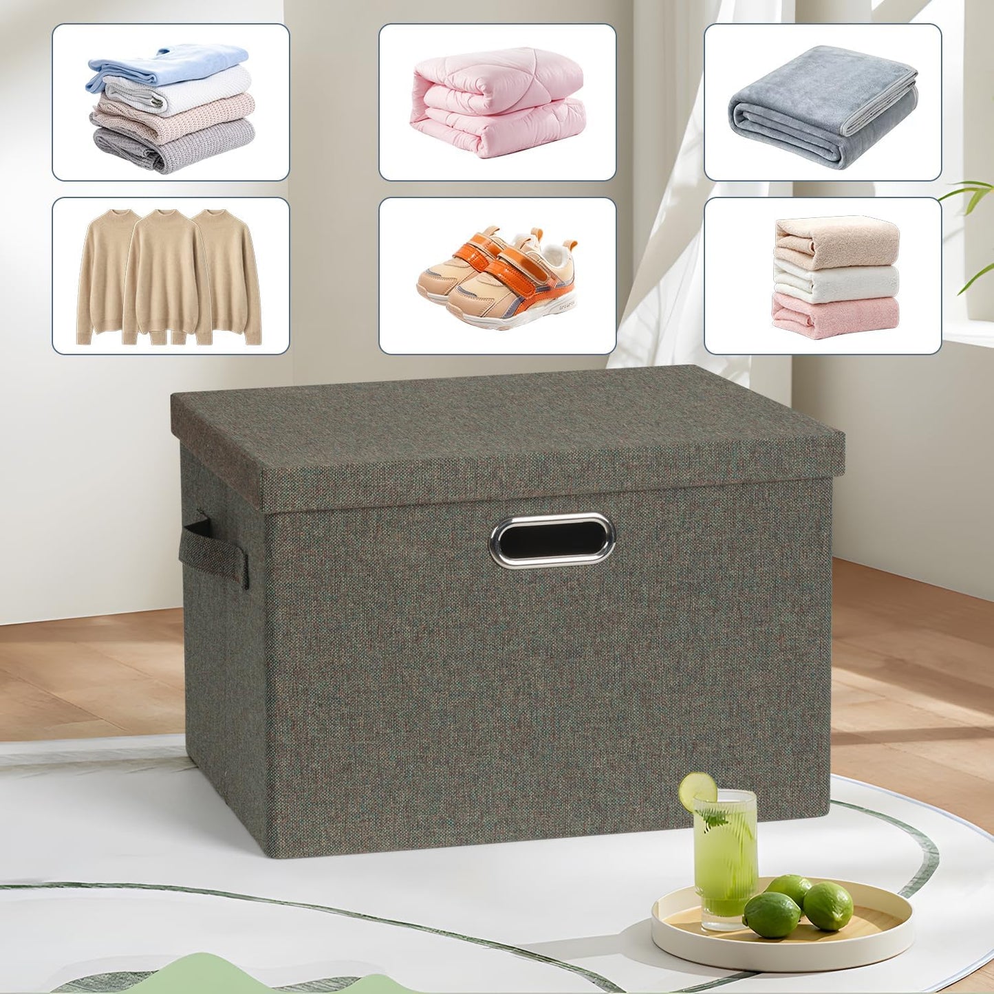 Large 17" 36 Quart Collapsible Stackable Storage Bins with Lids, 3 Packs Dark green Foldable Fabric Closet Storage Boxes with Lids, Heavy-duty Linen Cube Baskets(17x12x11)