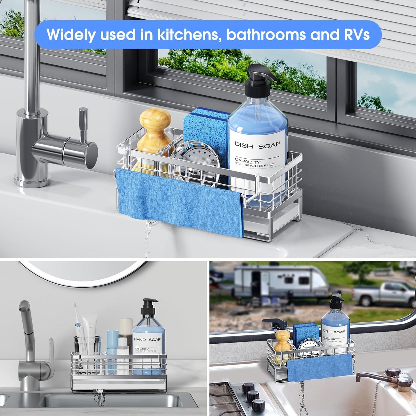 Kitchen Sink Sponge Holder - Self-Draining, Detachable Dish Cloth Holder, Rustproof Kitchen Countertop Organizer (Stainless Steel)