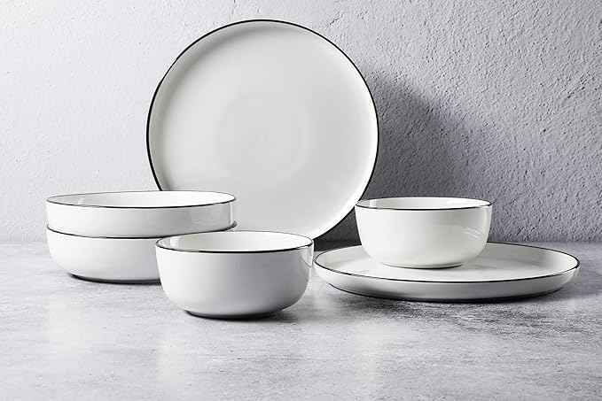 Gibson Home Oslo 16-Piece Porcelain Dinnerware Set, Service for 4 – White Plates with Black Rim, Microwave & Dishwasher Safe