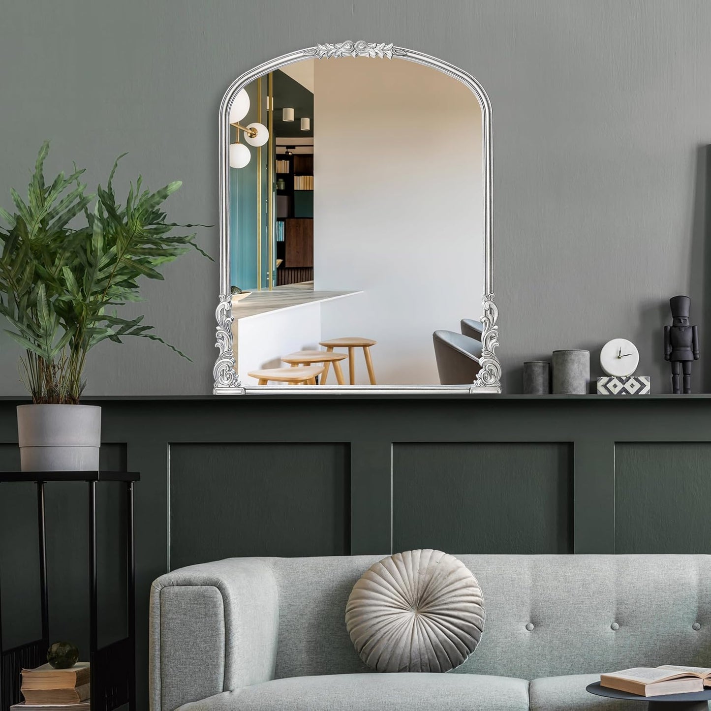 English Estate Carved Arch Wood Wall Mirror, Mirror for Entryway, Living Room, Bathroom, Antique Silver, 25.6x33.4