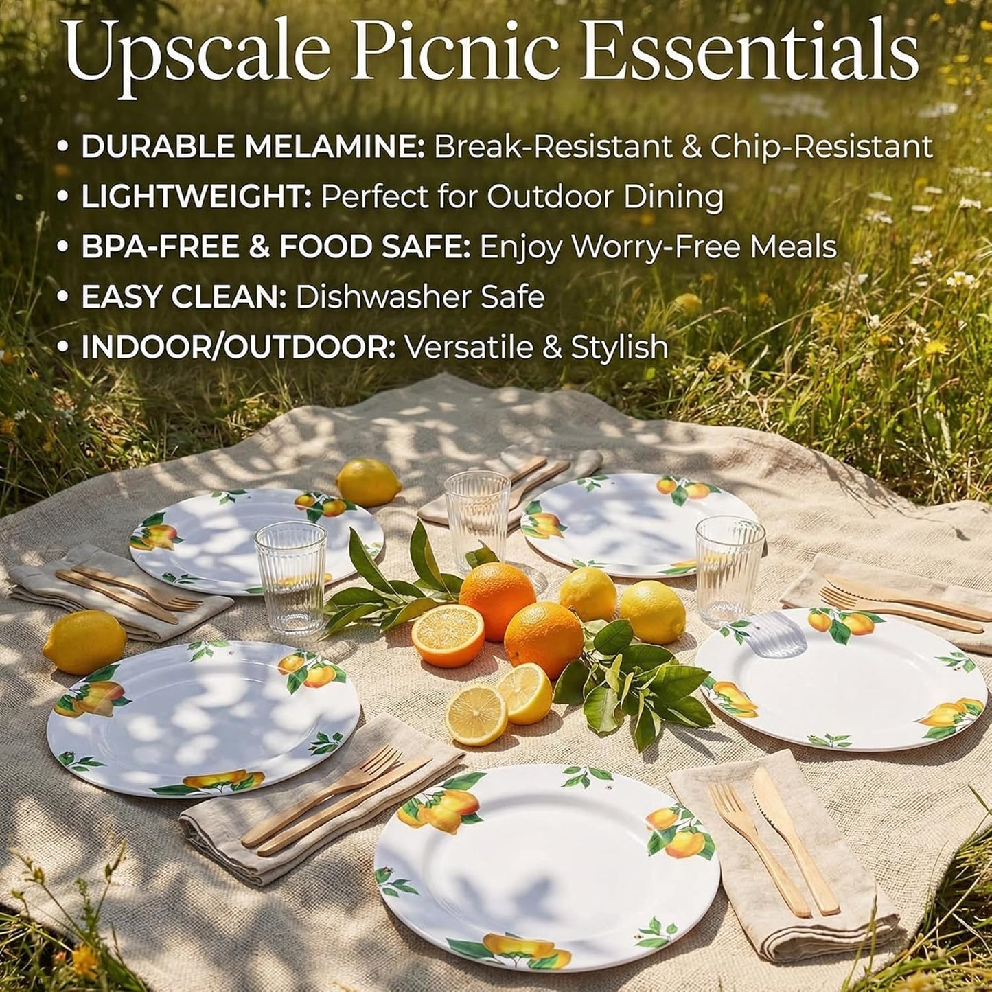 Melamine Dinner Plates 10 Inch – Lemon Print Design Dishes Set of 6,Outdoor & Indoor Use,Shatterproof & Dishwasher Safe,Perfect for Picnic, Patio, and Everyday Dining,White