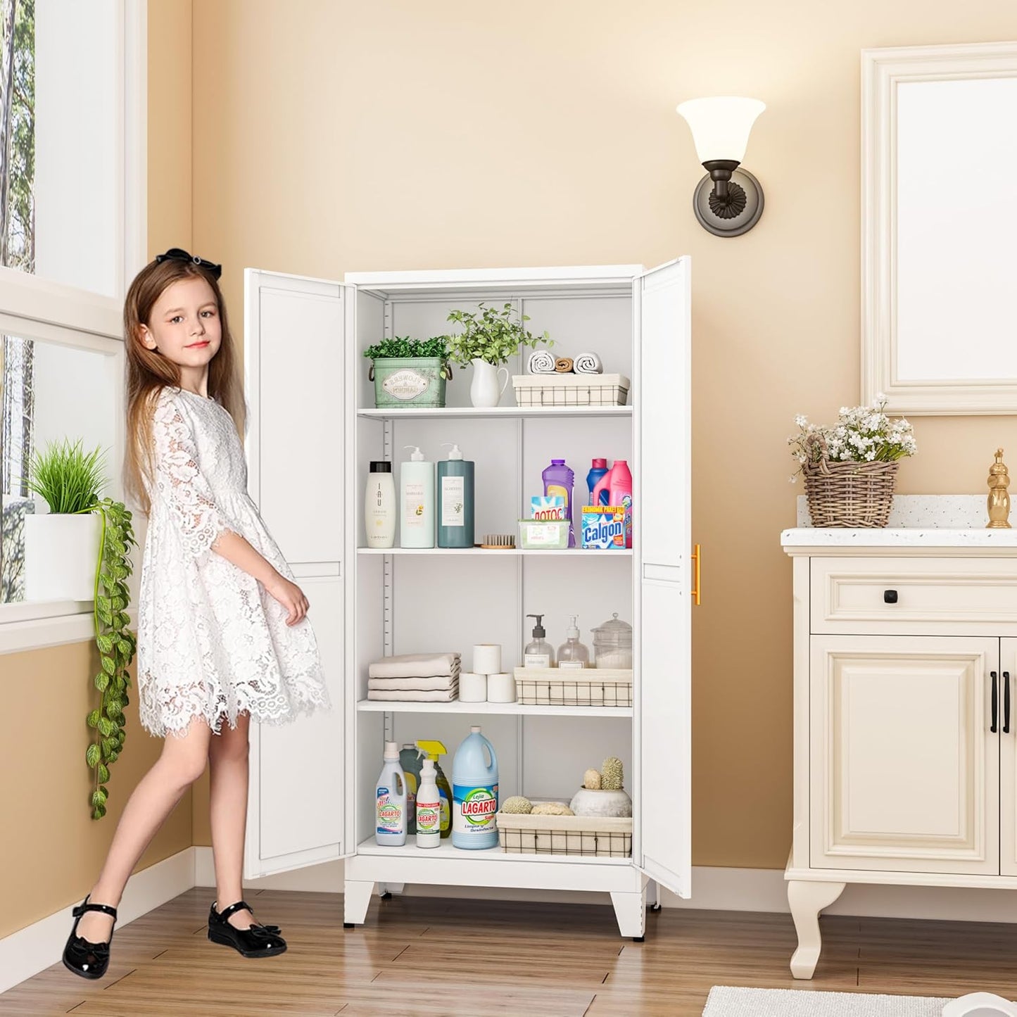 Metal Pantry Cabinet, Kitchen Pantry Storage Cabinets with 2 Door and 3 Adjustable Shelves, White Kitchen Pantry Cabinet, Freestanding Cupboard for Dining Room Living Room Bathroom - Lumora Casa
