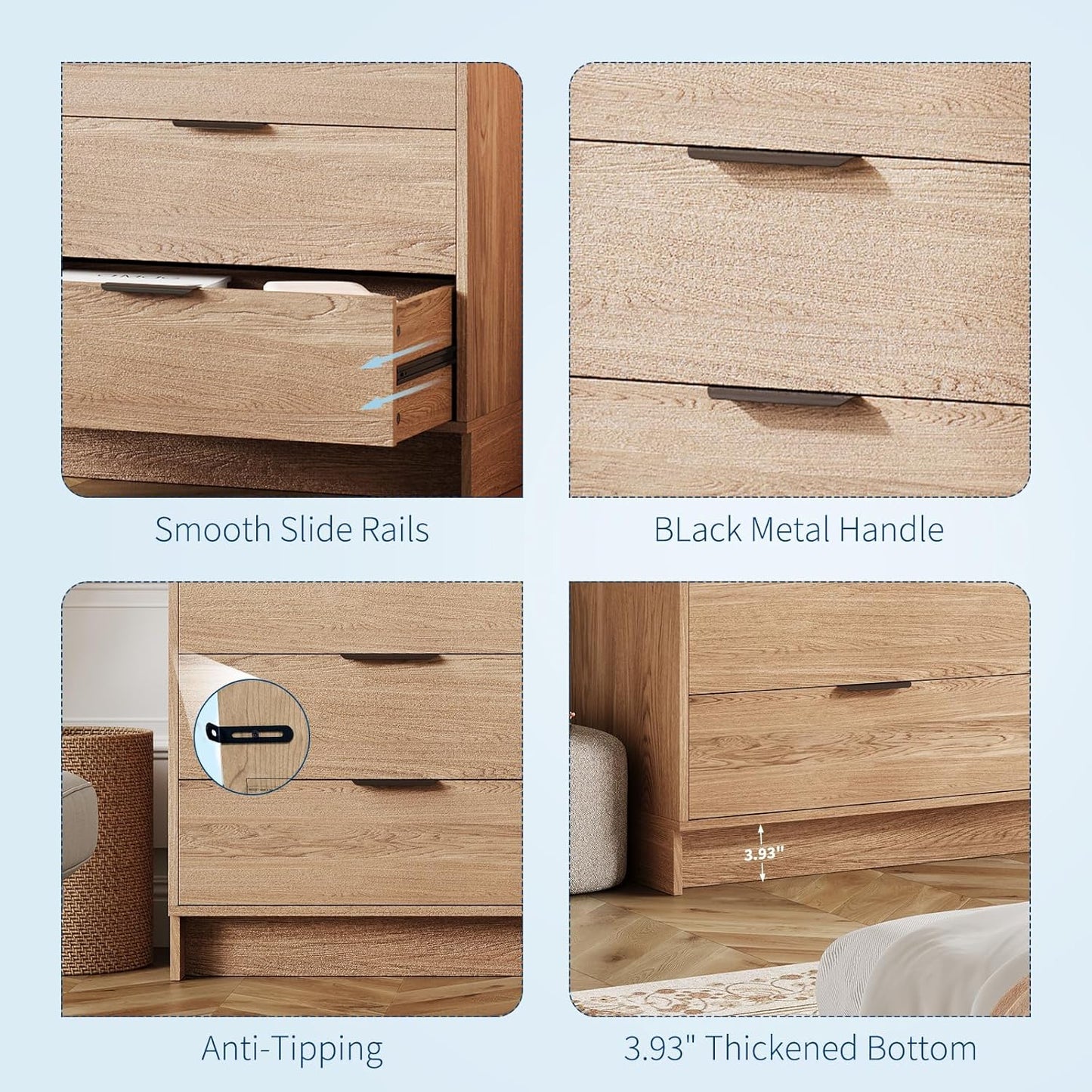 Modern Dresser with 6 Drawers 52.5" Wide Chest of Drawers with Metal Handle, Double Wooden Storage Cabinet with Deep Drawers & TV Stand Wood Closet Clothes Storage Organizer for Bedroom, Living Room,