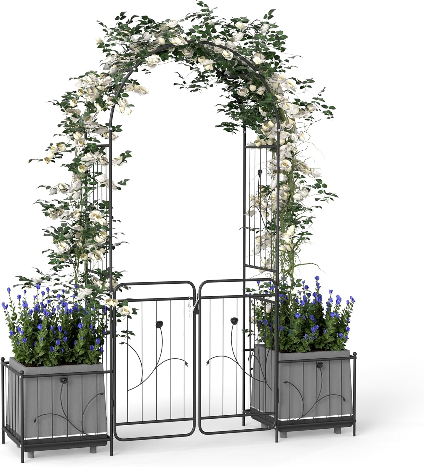 86.6" H Metal Garden Arbor with Gate & Planter Boxes, Black Arch Trellis for Climbing Plants Roses Vines, Outdoor Wedding Archway for Lawn Patio Backyard