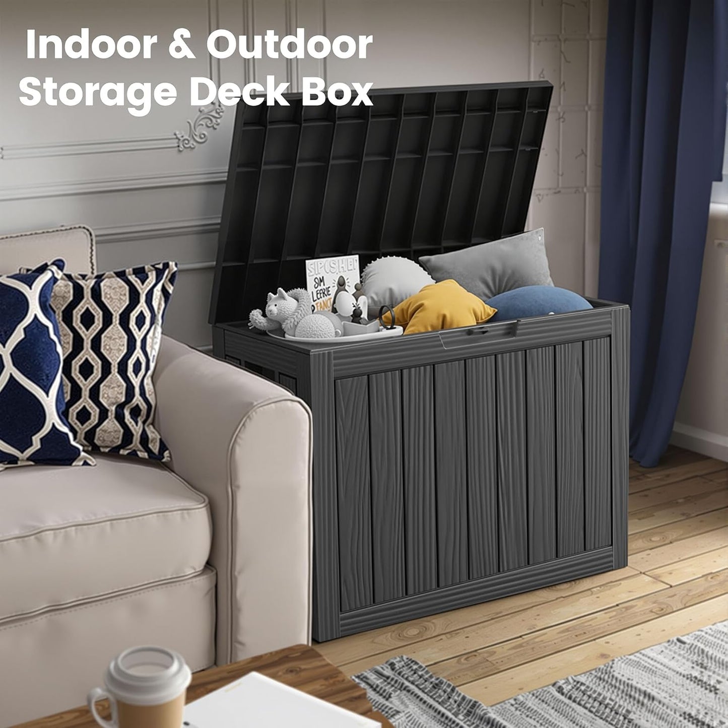 45 Outdoor Storage Box, Waterproof Resin Deck Box with Side Handles, Lockable Outdoor Bench for Indoor & Outdoor Use, Storage Bin for Patio Cushions, Garden Tools, Package Delivery, Black