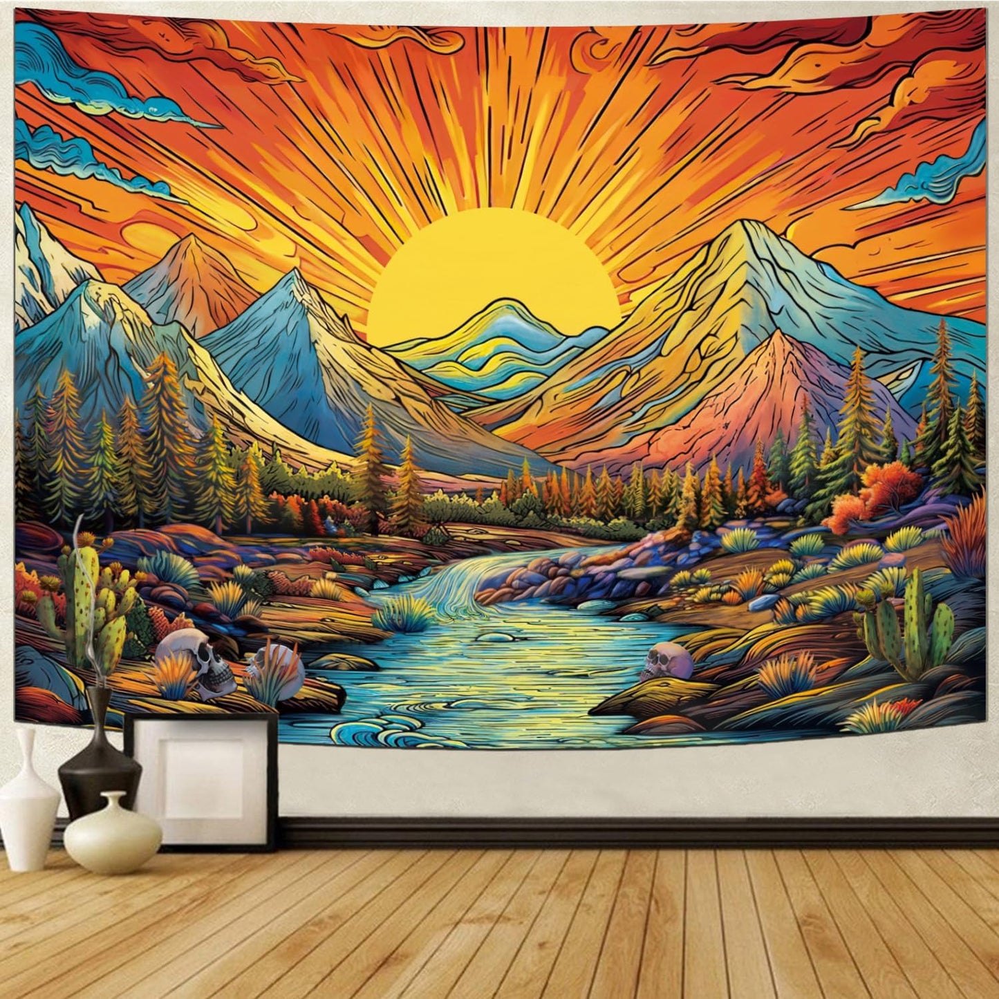 Serborlur Boho Sun Mountain Tapestry Trippy Forest Tree Tapestries Vintage Aesthetic Plant Magical River Wall Tapestry Nature Landscape Wall Hanging for Bedroom Living Room (59.1 × 78.7 inches)