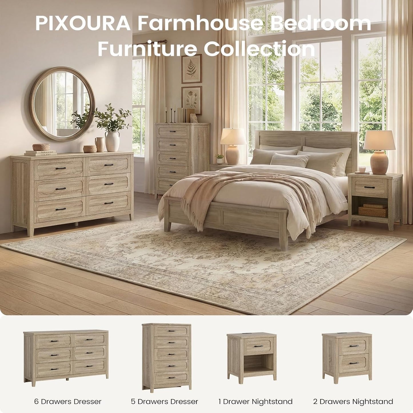Farmhouse 6 Drawer Dresser for Bedroom, 48'' Wide Chest of Drawers with Metal Handles, Wood Dresser TV Stand, Rustic Storage Organizer for Closet, Living Room, Grey Oak