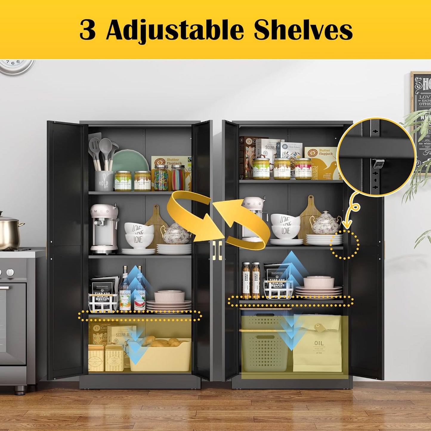 Kitchen Cabinet Storage,60”Metal Pantry Cabinet with Doors and 3 Adjustable Shelves,Food Pantry Cabinets with 2 Gold Handles,Black Tall Storage Cabinet for Livingroom,Pantry,Bathroom,Kitchen - Lumora Casa