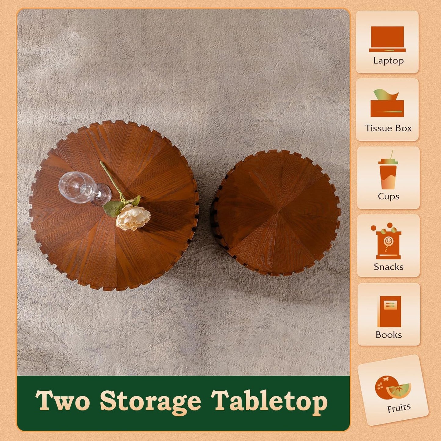 Round Nesting Coffee Table Modern Fluted Coffee Table Set of 2 Circle Drum Coffee Tables Small Round Accent Side End Table for Living Room No Assembly (Brown 27in)