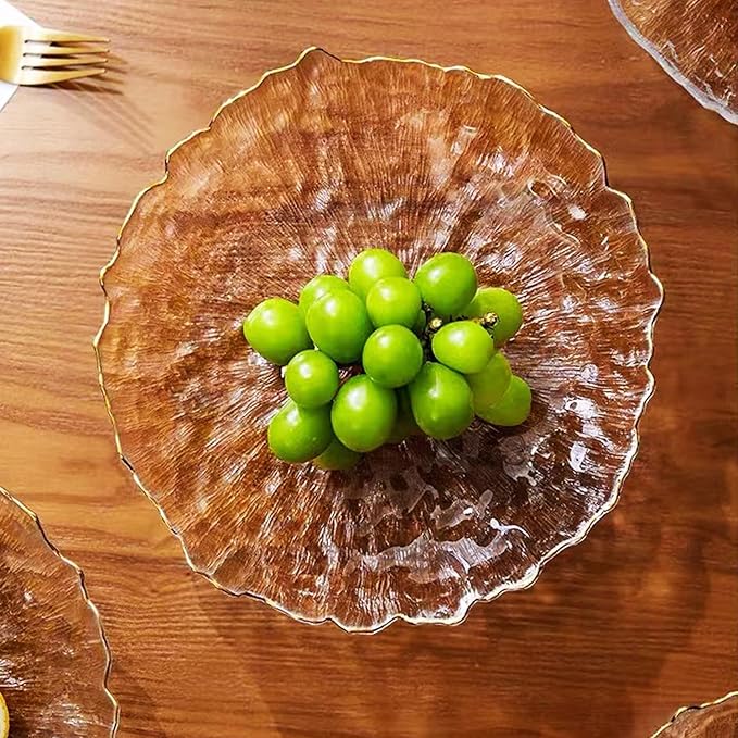 Glass Salad Bowl Irregular Lotus Flower Shape Serving Bowls, Mixing Nut Bowls for Kitchen Fruist, Snack, Dessert, and Ice Cream Candy Dishes (Plate with Gold Rim Crystal Clear, Large)