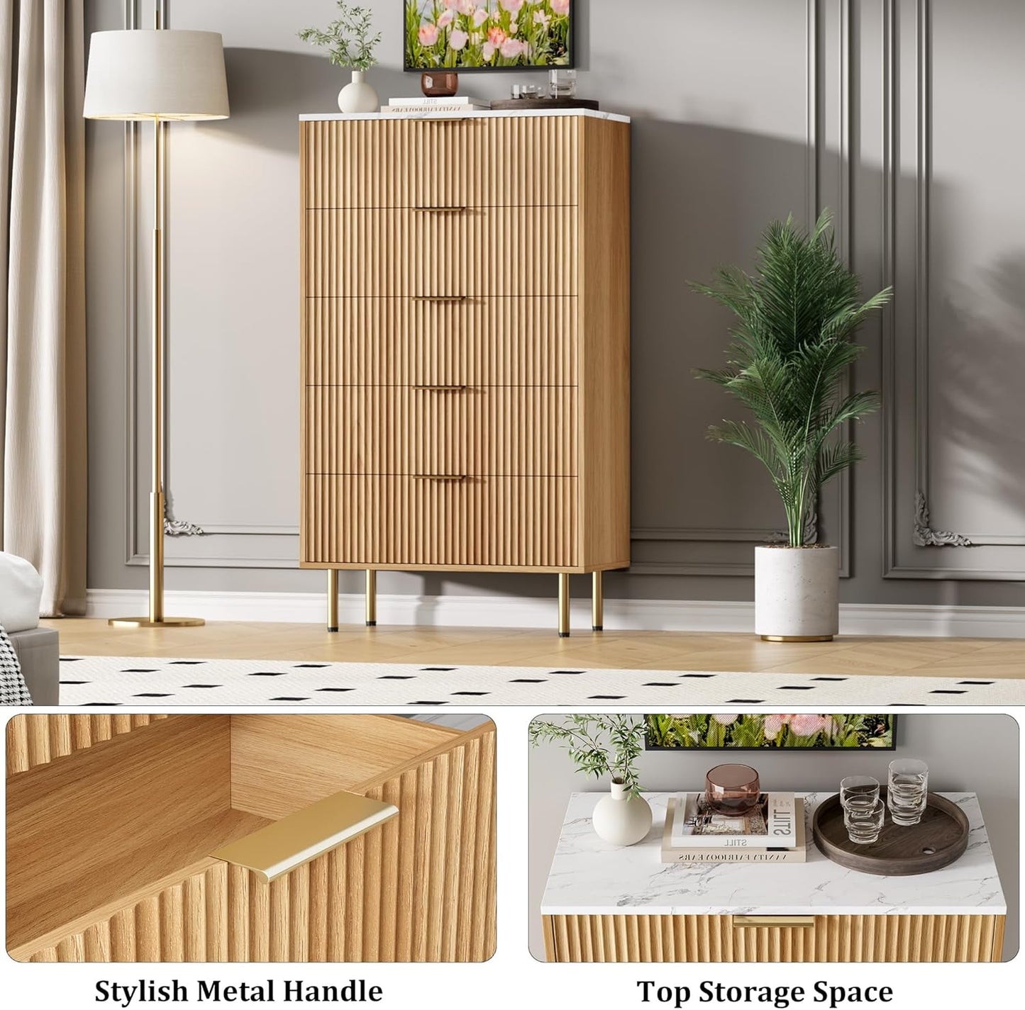 Fluted Wood Dresser 5 Drawers Dresser for Bedroom, Modern Chest of Drawers, Tall Brown Dresser with Faux Marble Top and Gold Handle, Wood Drawer Organizer for Bedroom, Living Room, Hallway, Entryway