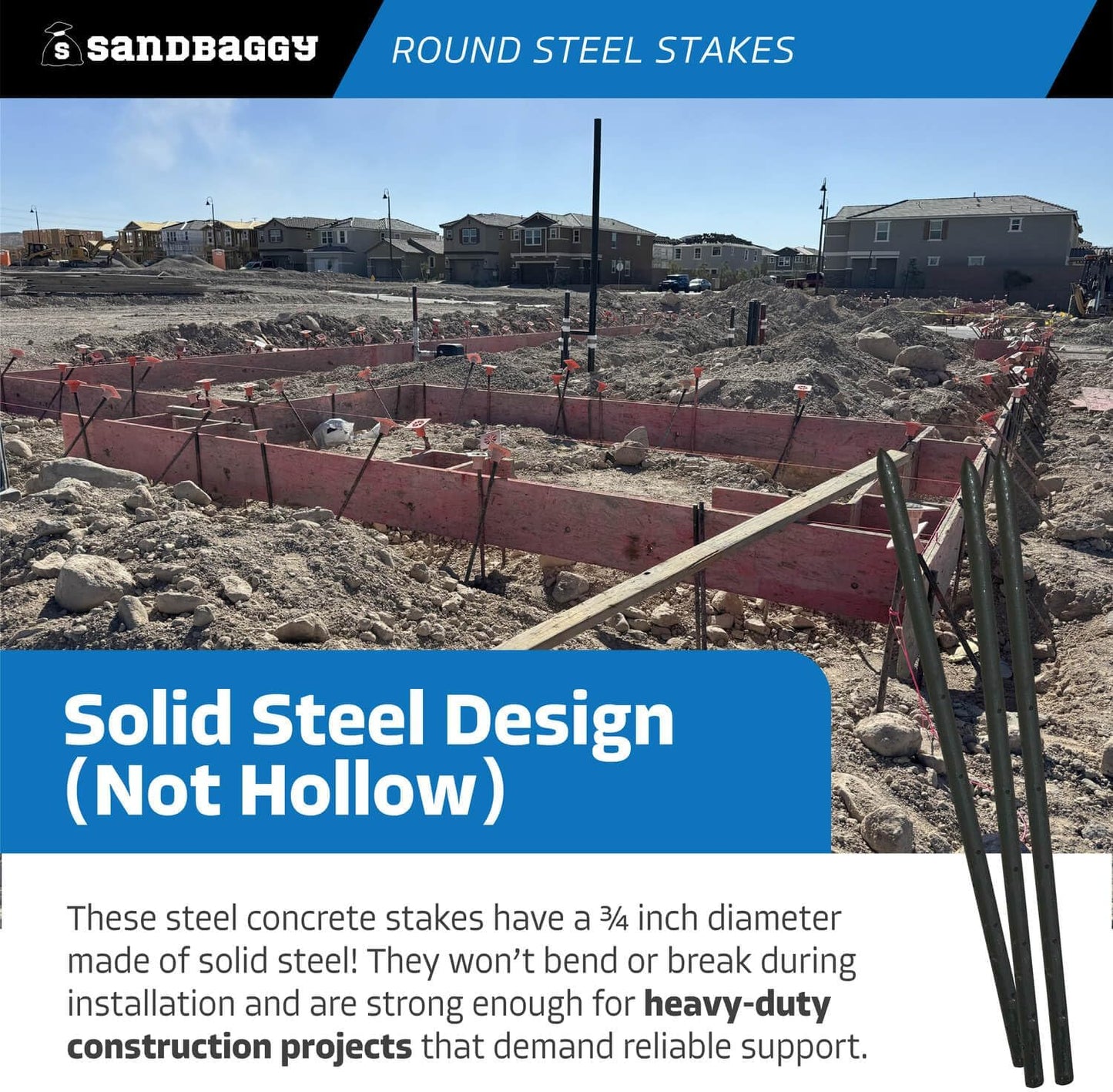 Sandbaggy Round Steel Concrete Form Stakes with Nail Holes - Rust Resistant Coating - Removable, Reusable (200, 3/4 in X 24 in)