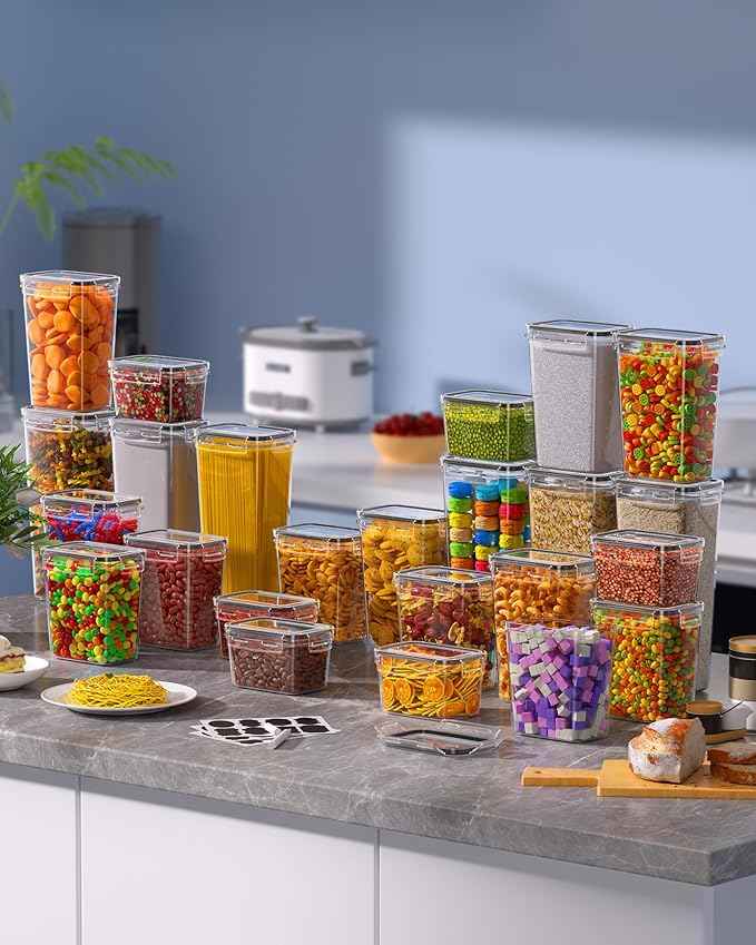 KEMETHY 30 PCS Airtight Food Storage Containers with Lids, Kitchen Pantry Organization and Storage, BPA-Free Plastic Scale Food Canisters for Cereal, Flour, Sugar, Dry Food, Include Labels & Marker